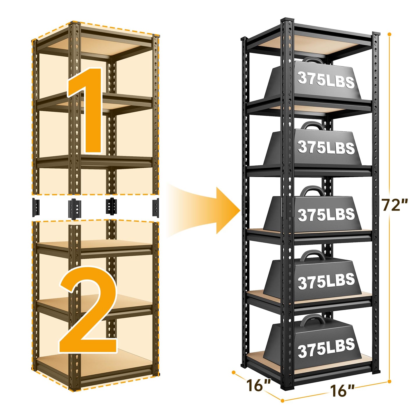 REIBII Storage Shelves, 6 Tier Garage Storage Shelving Units Loads 2250LBS, 72’’H Adjustable Heavy Duty Metal Shelves for Storage Rack for Warehouse Pantry Kitchen Closet,16’’W X16’’D X72’’H