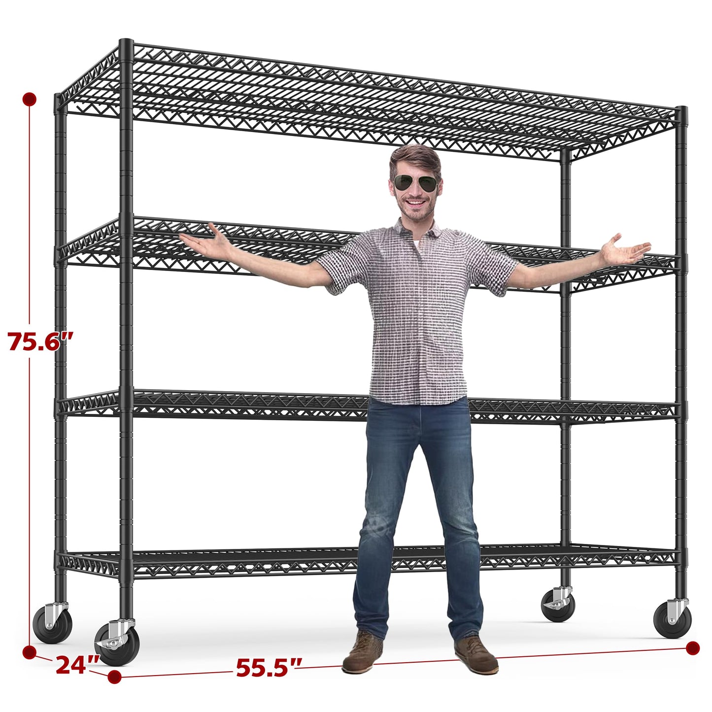 REIBII Storage Shelves 75.6" H Wire Shelving Unit with Wheels 2500LBS Heavy Duty Metal Shelves for Storage Adjustable Garage Storage Rack Pantry Shelf Commercial Shelving, 75.6" H X 55.5''W X 24" D