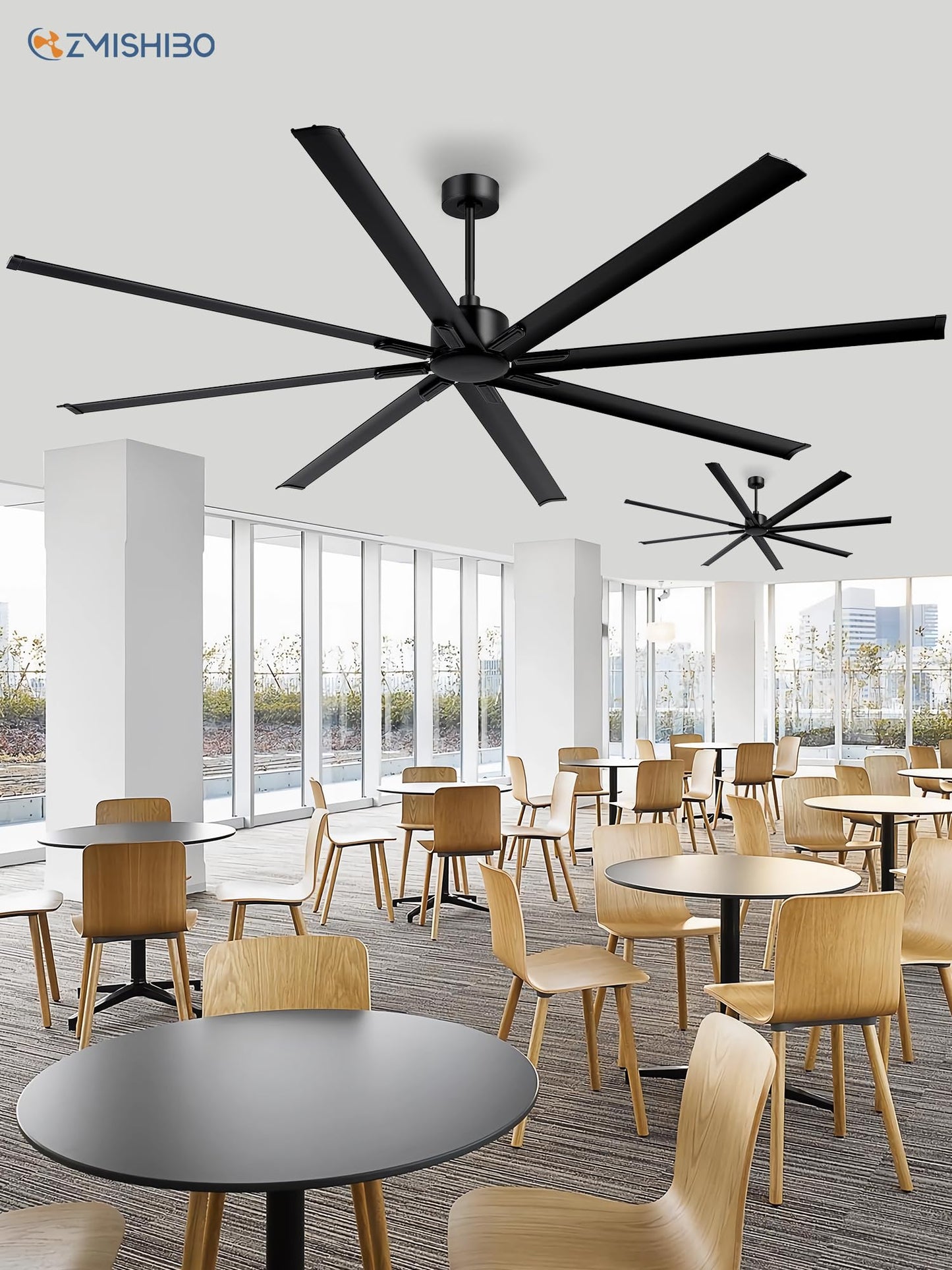 96 Inch Industrial DC Motor Ceiling Fan, Large Ceiling Fan with 8 Reversible Blades, 3 Downrods, 6-Speed Remote Control, Home or Commercial Ceiling Fans for Porch/Garage/Shop, Black