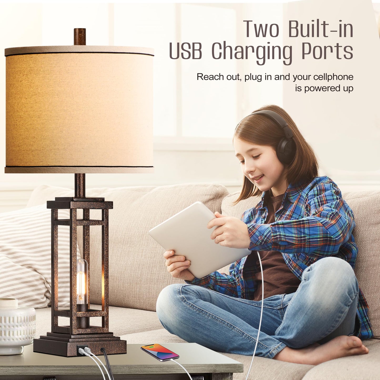 ROTTOGOON 27.5 Tall Farmhouse Table Lamps with USB C + USB A Charge Ports, Rustic Living Room Lamps Set of 2, Black Industrial End Table Lamp for Bedroom Living Room Nightstand (Oil-Rubbed Bronze)