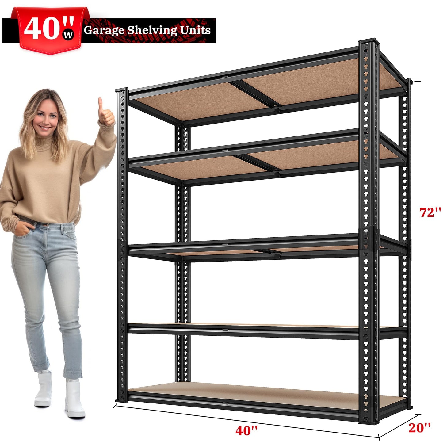 REIBII 2500LBS Garage Shelving 72''H Storage Shelves Heavy Duty Shelving 5 Tier Metal Shelves for Garage Shelves Adjustable Shelving Units and Storage for Closet Pantry Shelf, 72" H x 40" W x 20" D