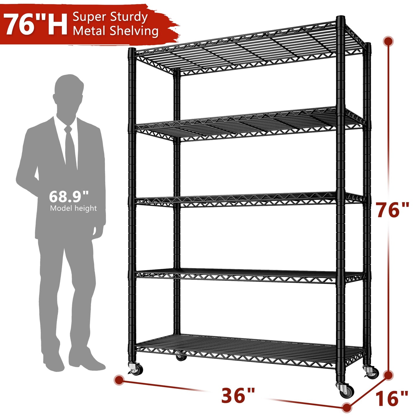 REIBII 5 Tier Wire Shelving,Storage Shelves Metal Shelves for Storage Loads 1200LBS,Adjustable Garage Shelving Heavy Duty Metal Shelving Storage Rack for Pantry Kitchen,71''HX35.5''WX14''D,Chrome