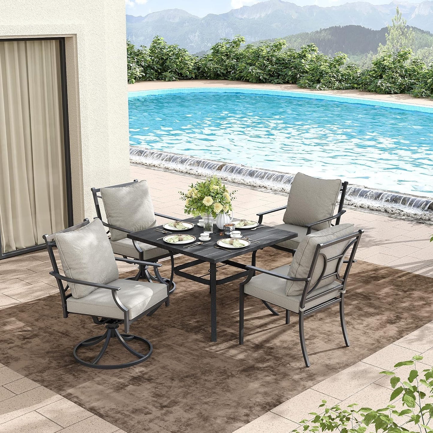 Grand patio 7-Piece Patio Dining Set for 6, E-Coated Outdoor Dining Set Swivel Patio Dining Chairs with Olefin Cushions & 1 Black Rectangular Faux Woodgrain Dining Table with 1.5”Market Umbrella Hole