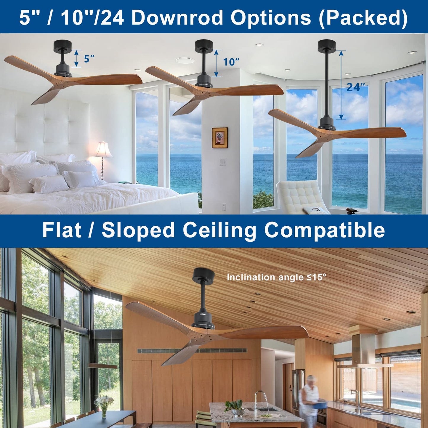 Sofucor 52" Ceiling Fan with Lights Remote Control, 3 Poles for Indoor Outdoor Ceiling Fan with Remote, Reversible Noiseless ETL Motor, 3 Walnut Wooden Blades