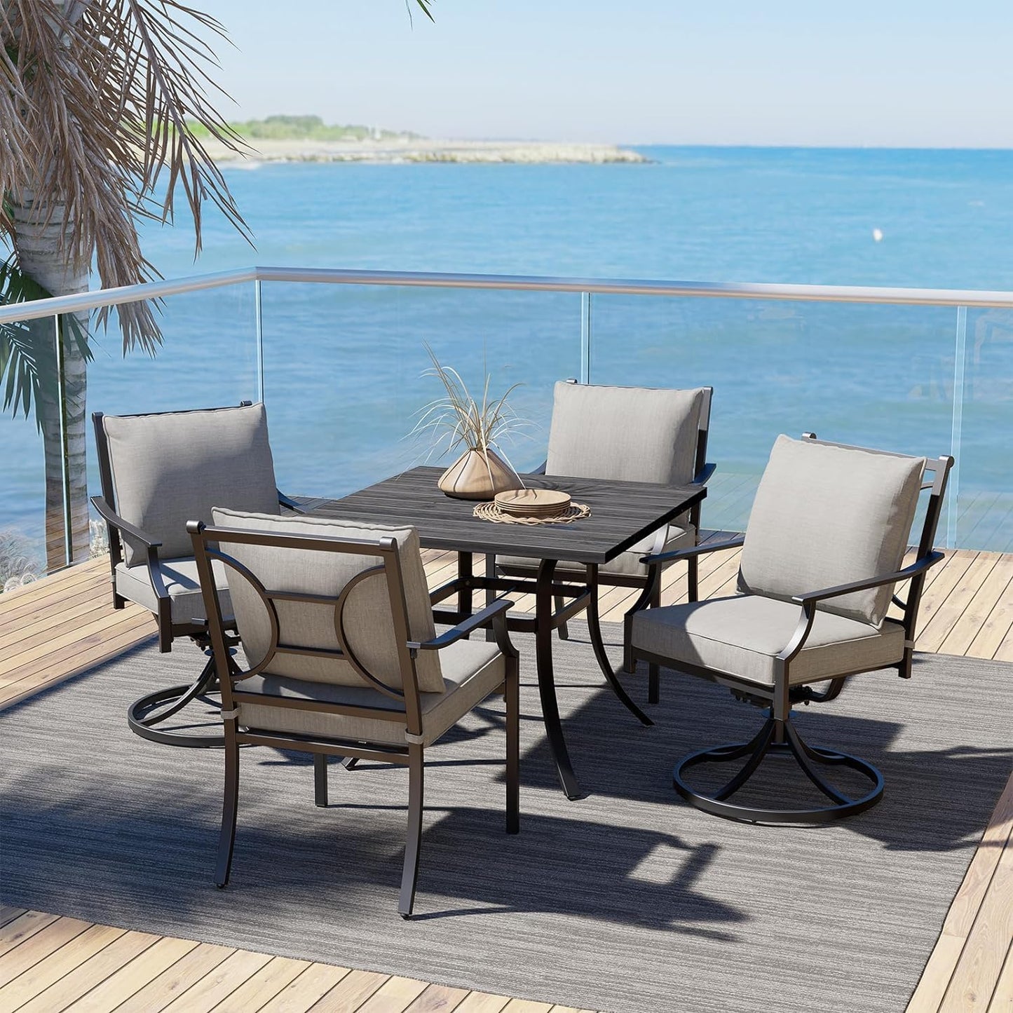 Grand patio 7-Piece Patio Dining Set for 6, E-Coated Outdoor Dining Set Swivel Patio Dining Chairs with Olefin Cushions & 1 Black Rectangular Faux Woodgrain Dining Table with 1.5”Market Umbrella Hole