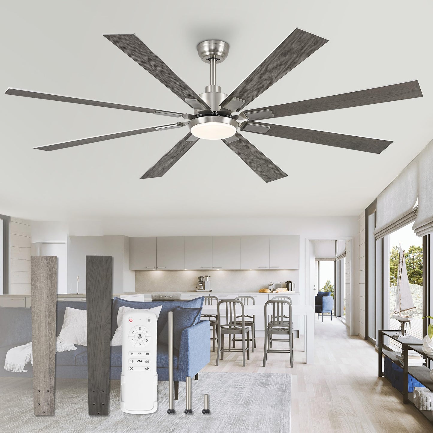 72 inch Large Ceiling Fans with Lights and Remote, Indoor/Outdoor Black Modern Ceiling Fan for Kitchen Living Room Patio, 6 Speed Reversible Quiet DC Motor, 3 CCT, Dual Finish 8 Blades