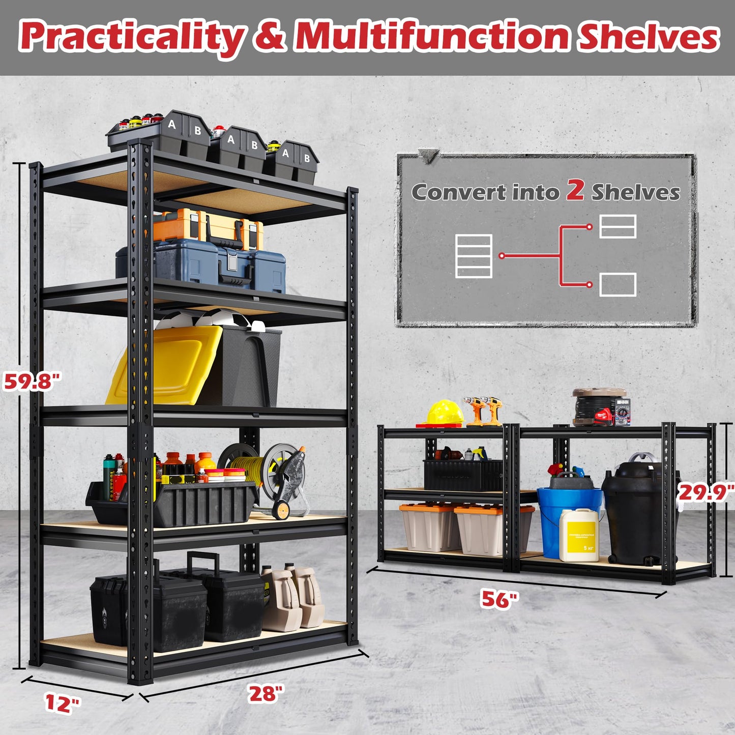 REIBII Storage Shelves 2020LBS Garage Shelving Heavy Duty 5-Tier Metal Shelving Units for Storage Adjustable Utility Shelf Rack for Kitchen Warehouse Basement 28" W x 12" D x 59.8" H, Black