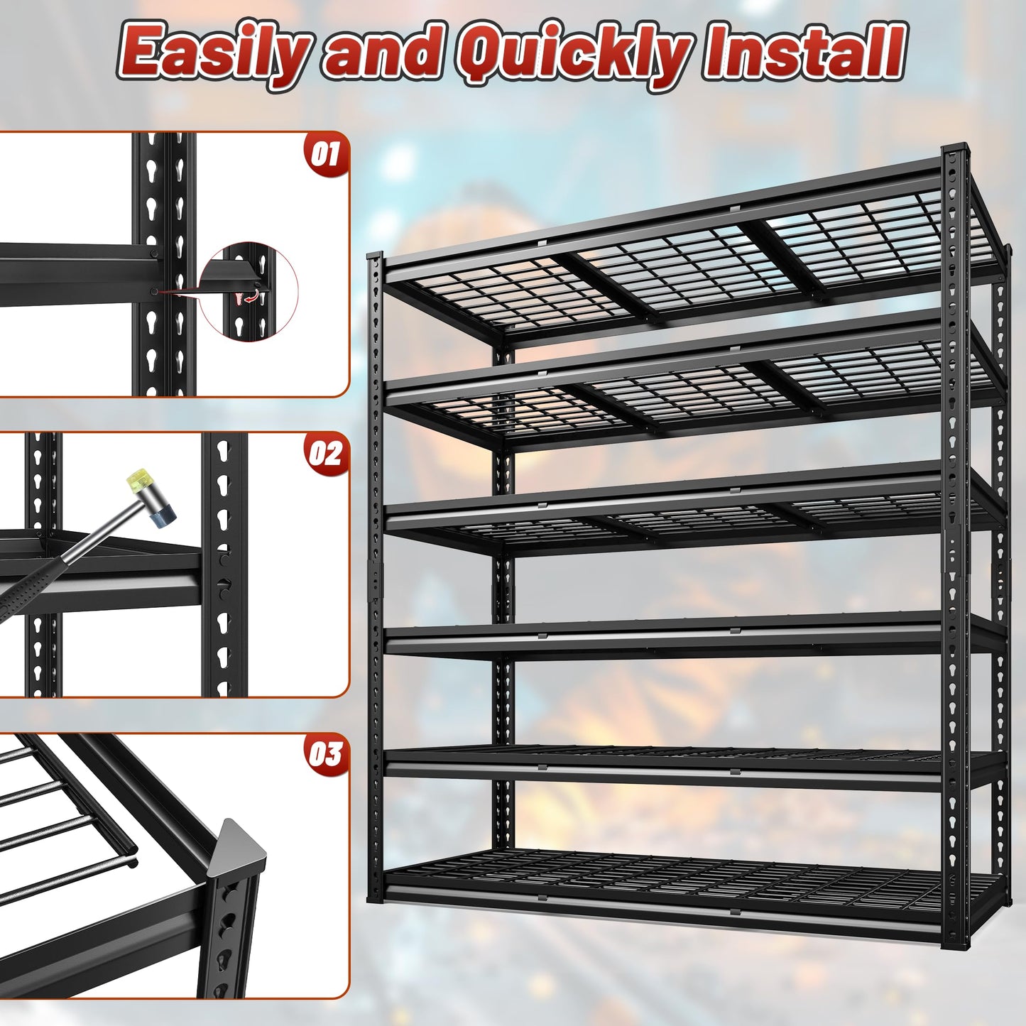 REIBII 60" W Garage Shelving 3000LBS Heavy Duty Storage Shelves, Adjustable 5 Tier Metal Shelves for Storage Rack Industrial Shelf, Garage Storage Shelving Unit, 60" W x 24" D x 72" H