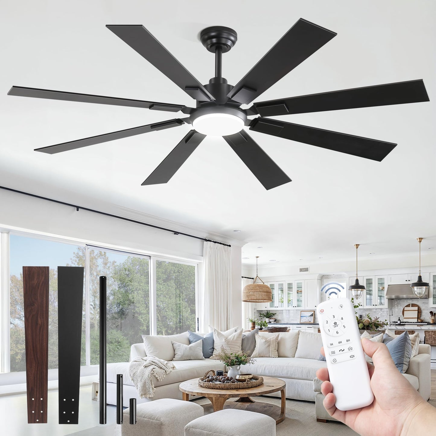 72 inch Large Ceiling Fans with Lights and Remote, Indoor/Outdoor Black Modern Ceiling Fan for Kitchen Living Room Patio, 6 Speed Reversible Quiet DC Motor, 3 CCT, Dual Finish 8 Blades