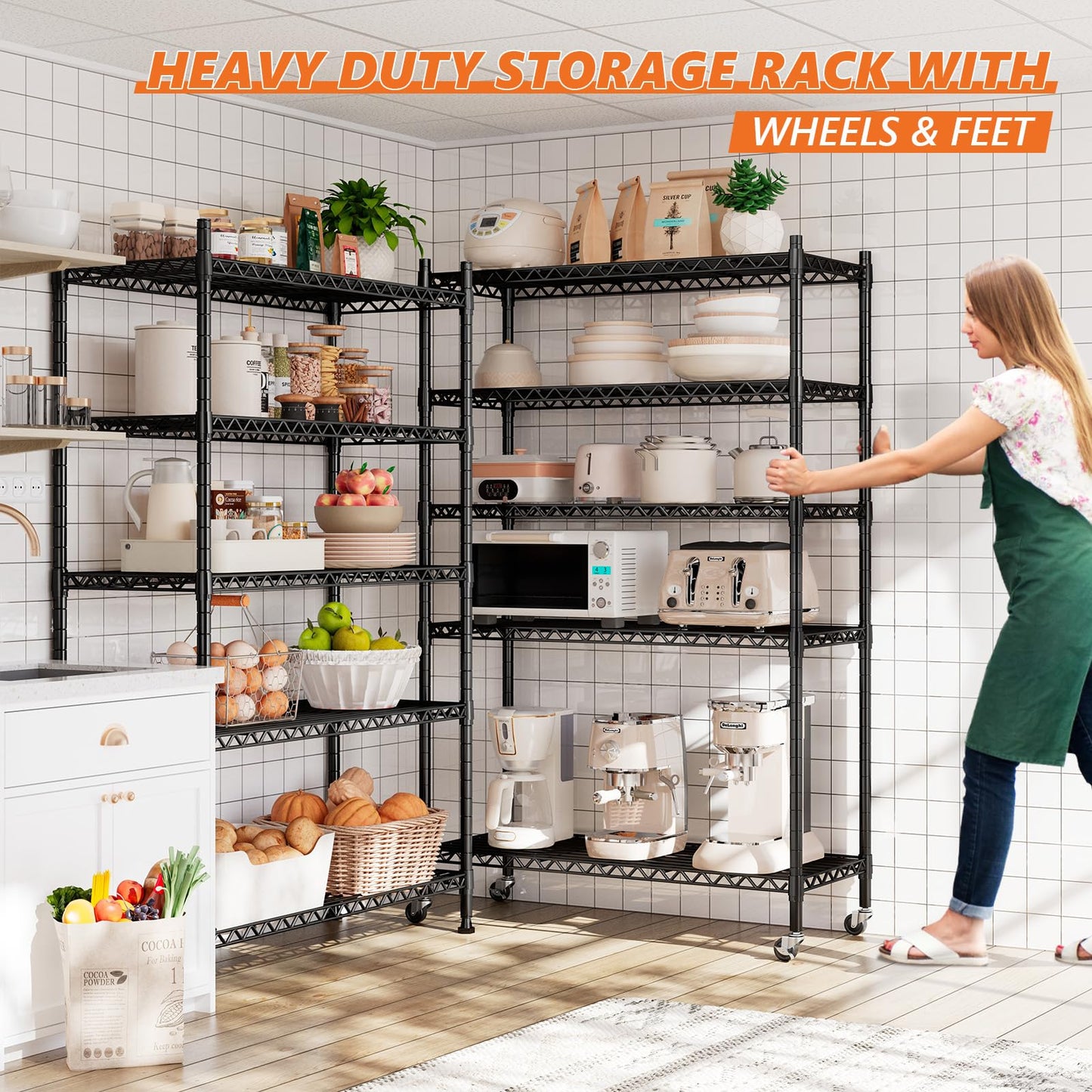 REIBII 5 Tier Wire Shelving,Storage Shelves Metal Shelves for Storage Loads 1200LBS,Adjustable Garage Shelving Heavy Duty Metal Shelving Storage Rack for Pantry Kitchen,71''HX35.5''WX14''D,Chrome