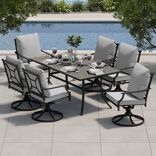 Grand patio 7-Piece Patio Dining Set for 6, E-Coated Outdoor Dining Set Swivel Patio Dining Chairs with Olefin Cushions & 1 Black Rectangular Faux Woodgrain Dining Table with 1.5”Market Umbrella Hole