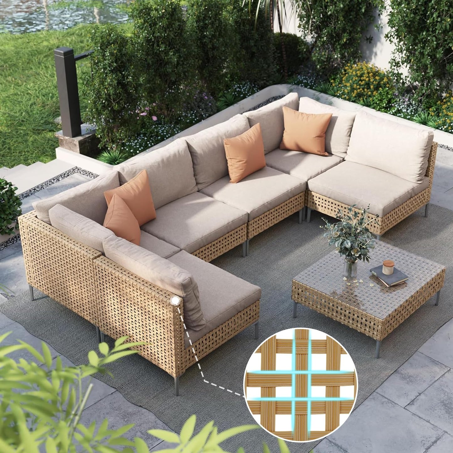 Grand patio 7-Piece Wicker Patio Furniture Set, Boho Outdoor Conversation Set Sectional Sofa with Water Resistant Thick Cushions and Coffee Table, Beige