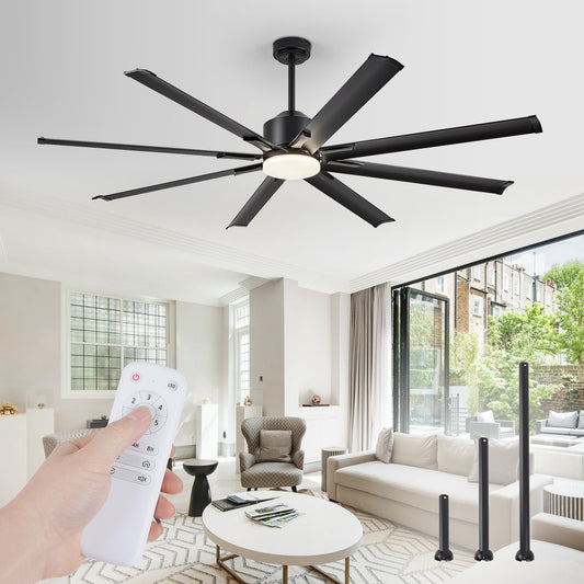 72 inch Aluminium Blade Ceiling Fans with Lights and Remote, Outdoor Ceiling Fans for Patio Living Room with Quiet DC Motor, 6 Speed Reversible, 3 CCT, Black Industrial Ceiling Fan, 8 Blades