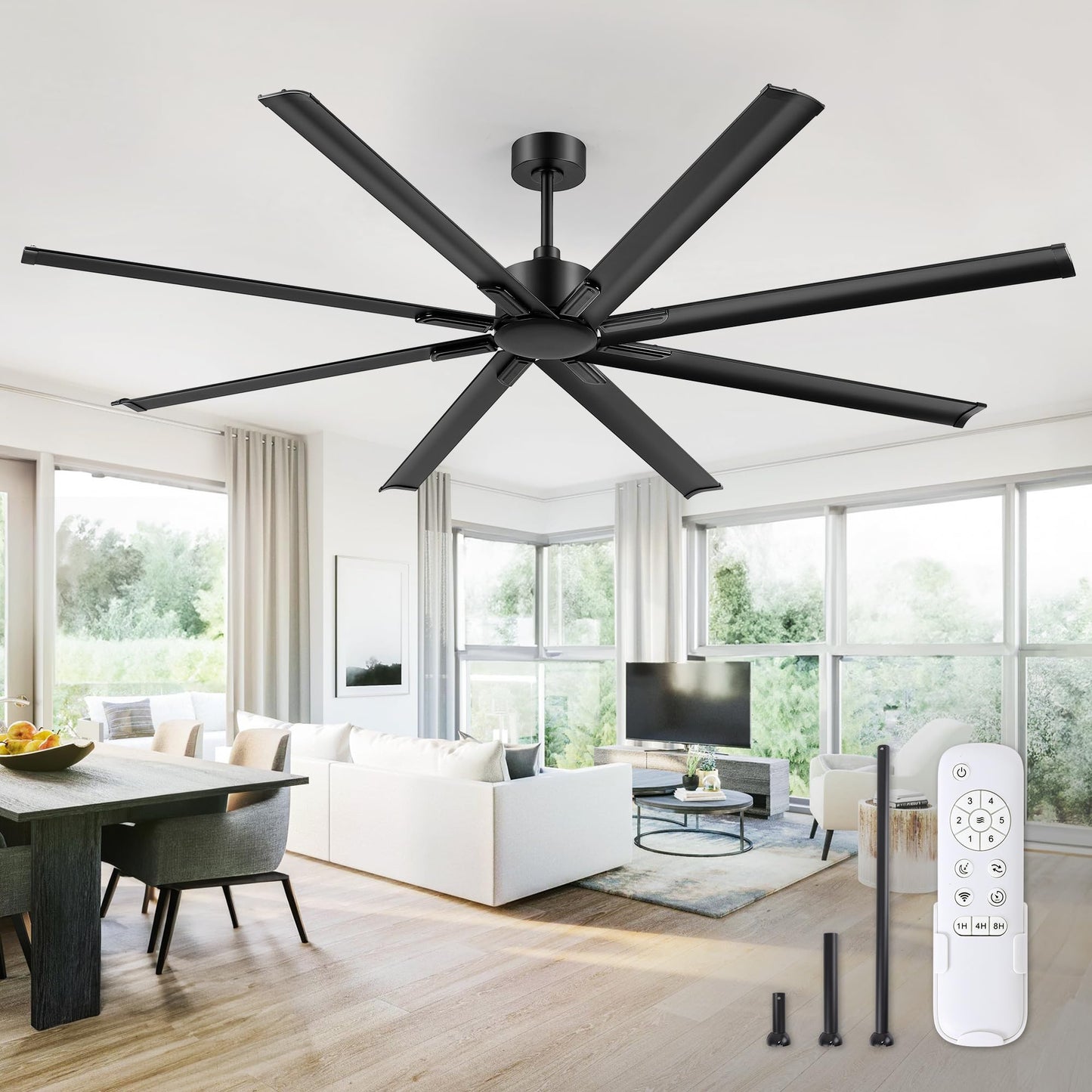 84 Inch Industrial DC Motor Ceiling Fan, Large Ceiling Fan with 8 Reversible Blades, 3 Downrods, 6-Speed Remote Control, Home or Commercial Ceiling Fans for Porch/Garage/Shop, Black