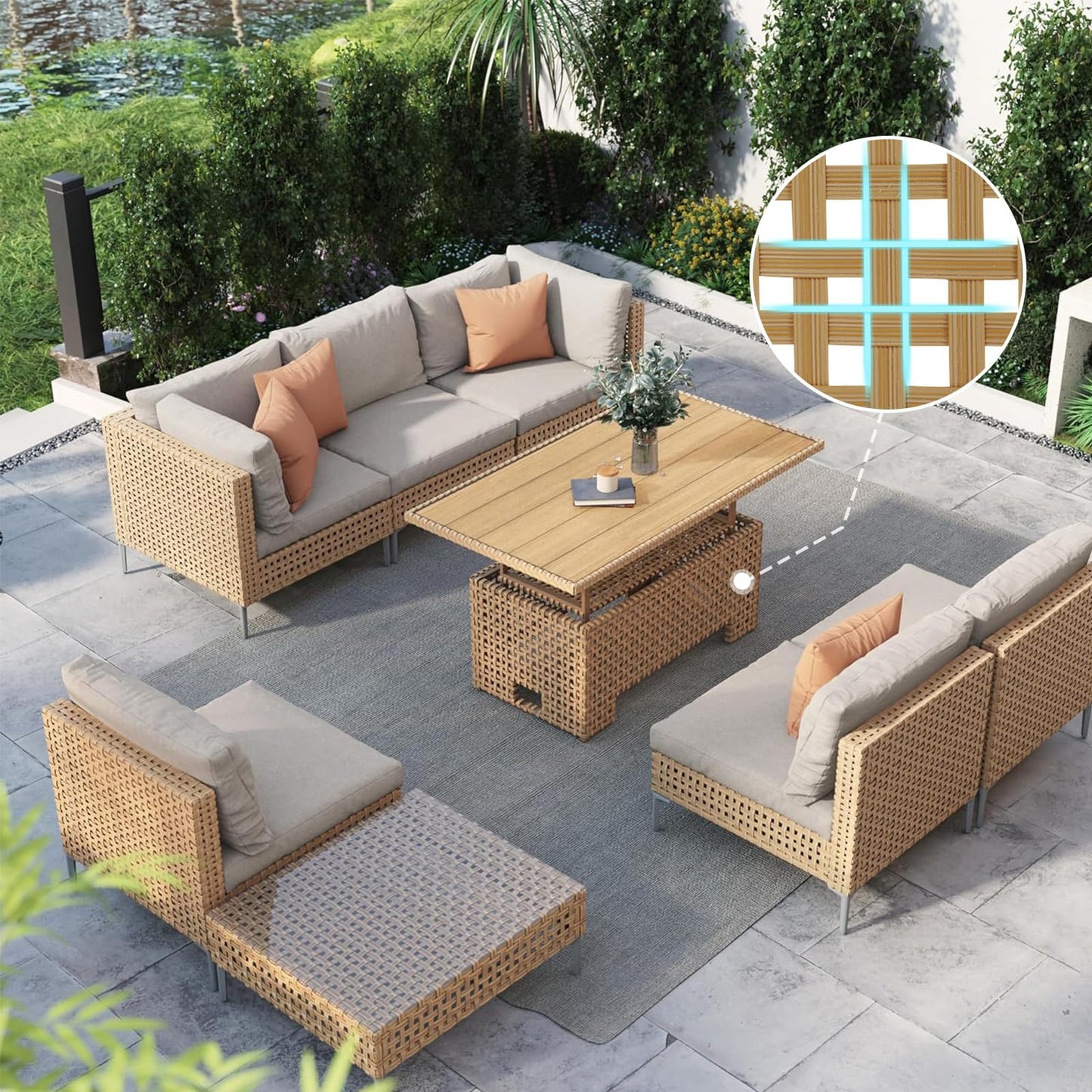 Grand patio 7-Piece Wicker Patio Furniture Set, Boho Outdoor Conversation Set Sectional Sofa with Water Resistant Thick Cushions and Coffee Table, Beige