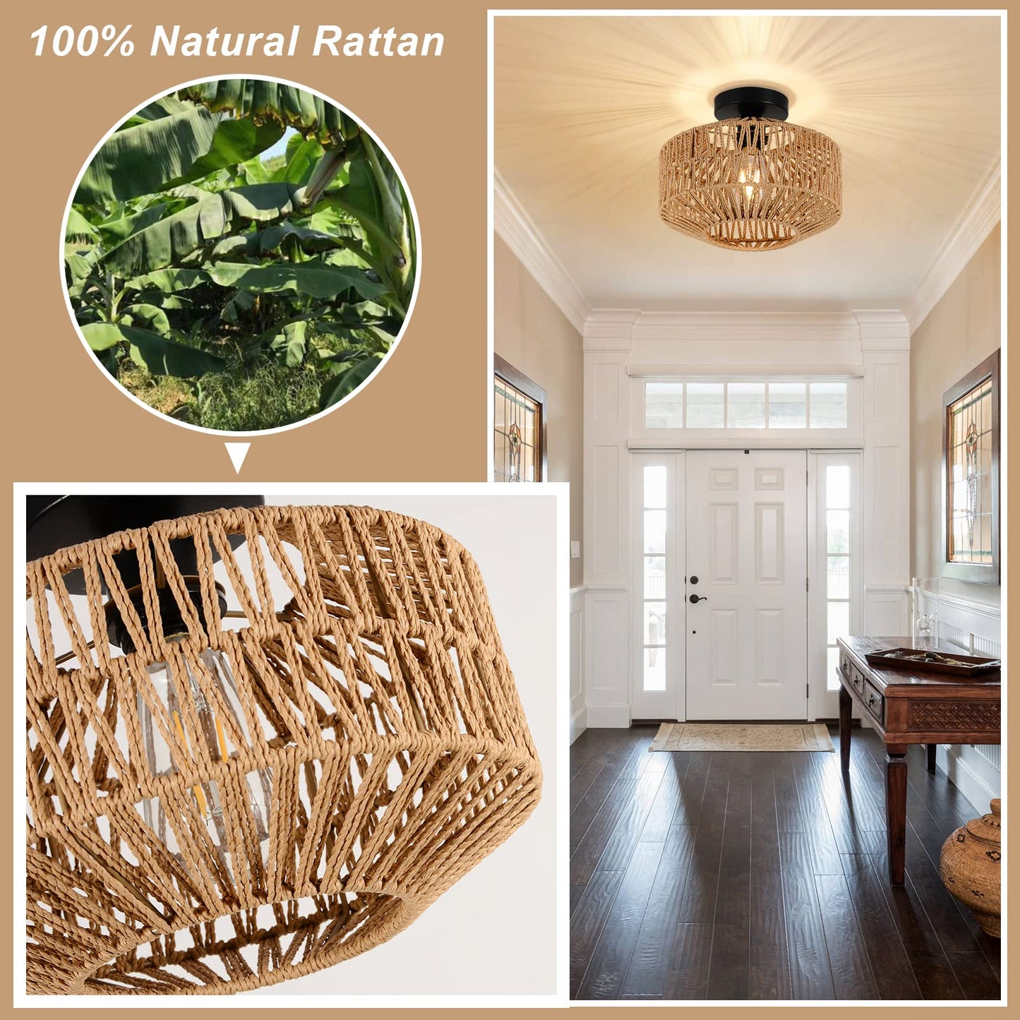 Light Fixtures Ceiling Mount,Mini Rattan Chandelier Light Fixture with Dimmable LED Bulb