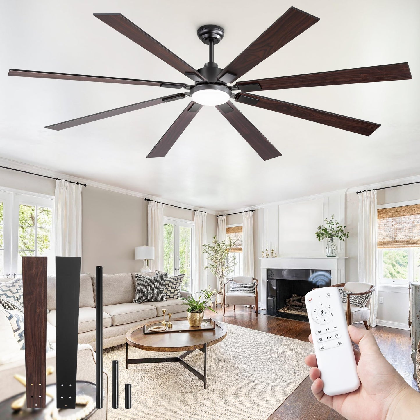 72 inch Large Ceiling Fans with Lights and Remote, Indoor/Outdoor Black Modern Ceiling Fan for Kitchen Living Room Patio, 6 Speed Reversible Quiet DC Motor, 3 CCT, Dual Finish 8 Blades