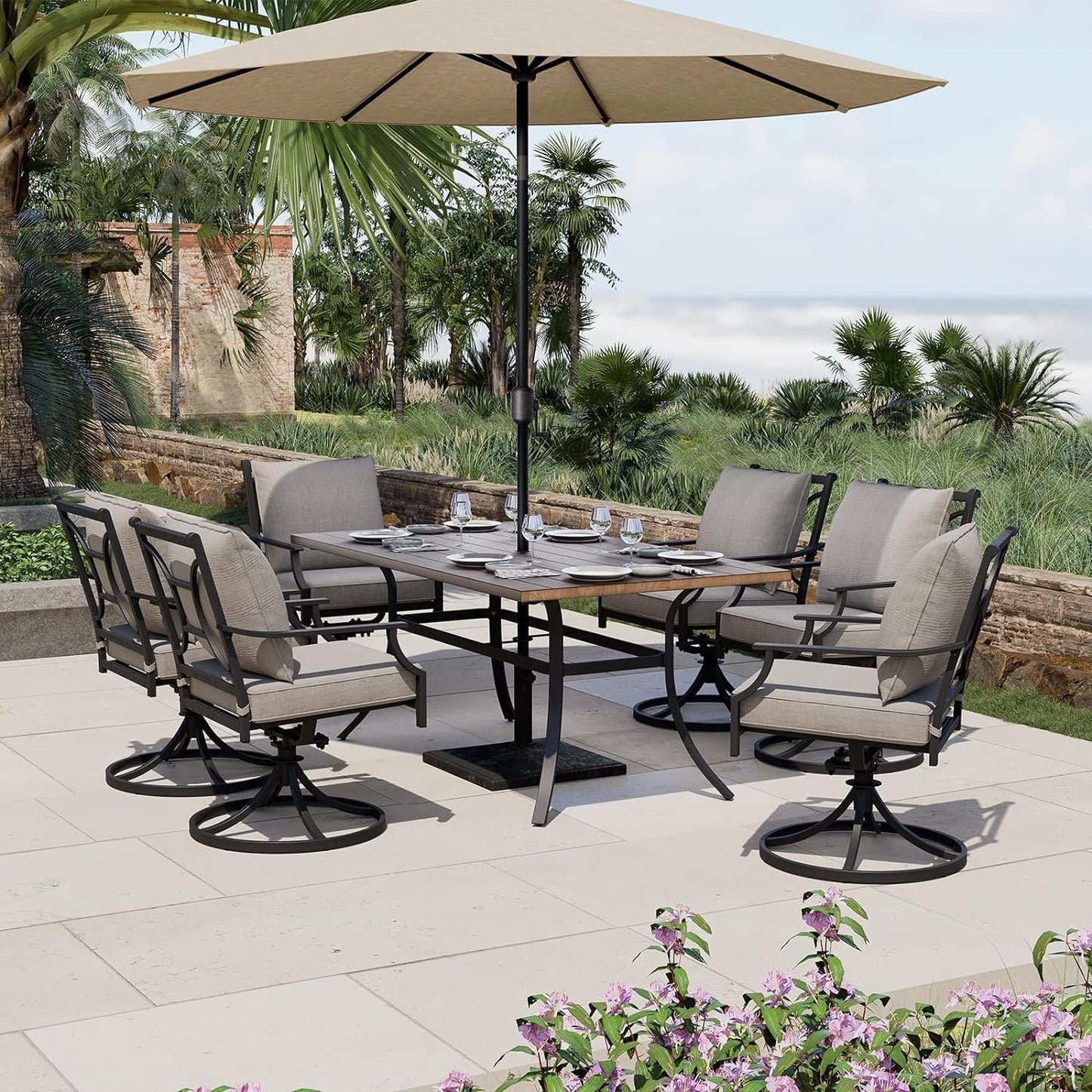 Grand patio 7-Piece Patio Dining Set for 6, E-Coated Outdoor Dining Set Swivel Patio Dining Chairs with Olefin Cushions & 1 Black Rectangular Faux Woodgrain Dining Table with 1.5”Market Umbrella Hole