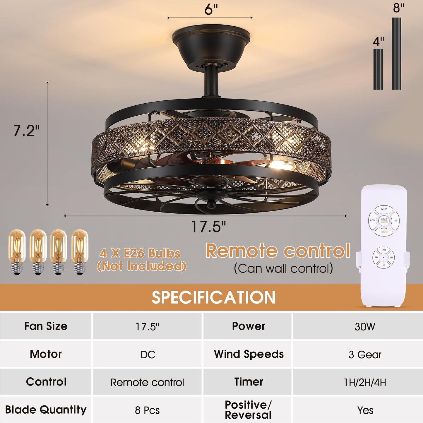 Low Profile Caged Ceiling Fans with Lights and Remote (Bulbs not Included)