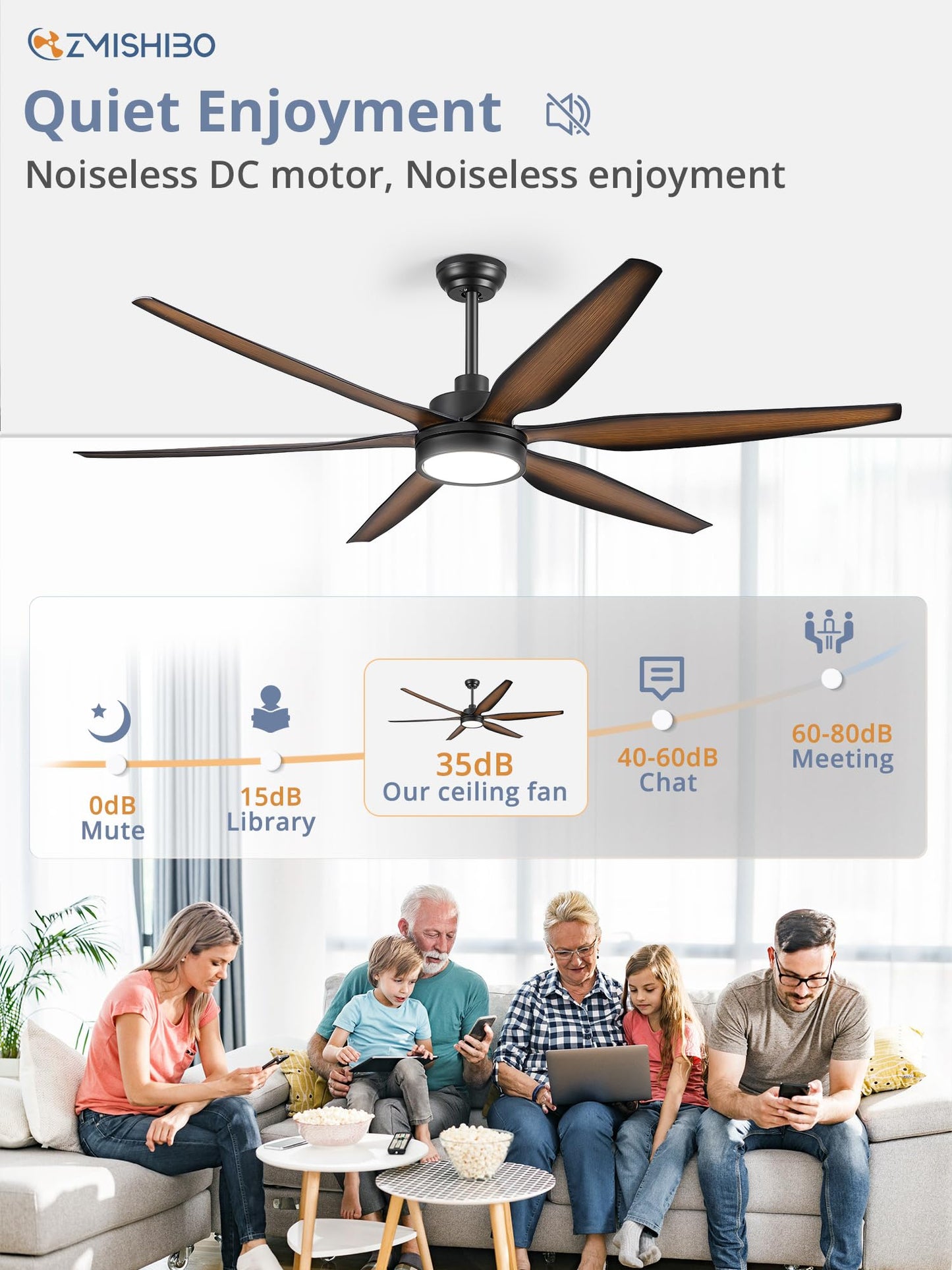 66 inch Large LED Ceiling Fans with Lights and Remote, Indoor/Outdoor Noiseless DC Motor Modern Black Ceiling Fan for Patio Living Room, 3 CCT, 6 Speed Reversible, 6 Blades