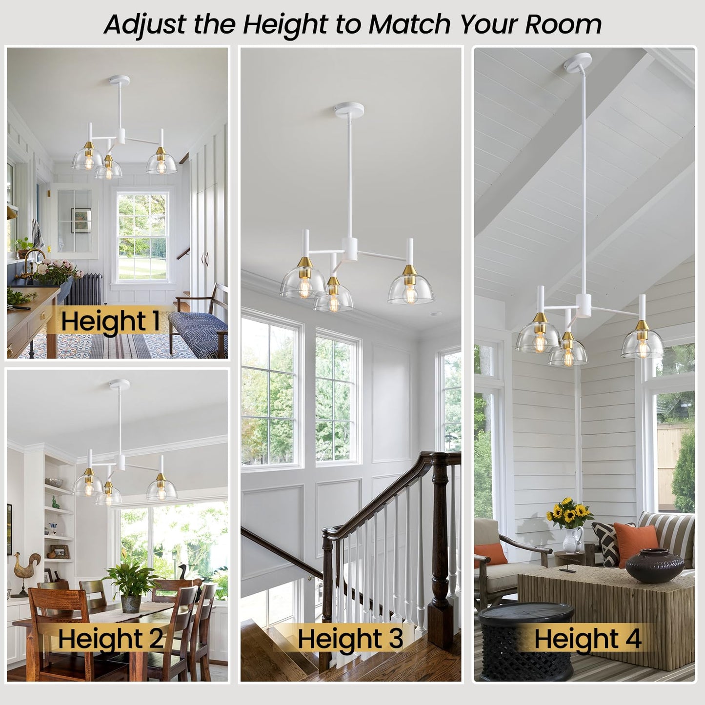 Dining Room Chandeliers Light - 3-Light Modern Chandelier with Thickened Glass Shade, Height Adjustable Mid Century Ceiling Lighting Fixture for Bedroom Kitchen Entryway Foyer