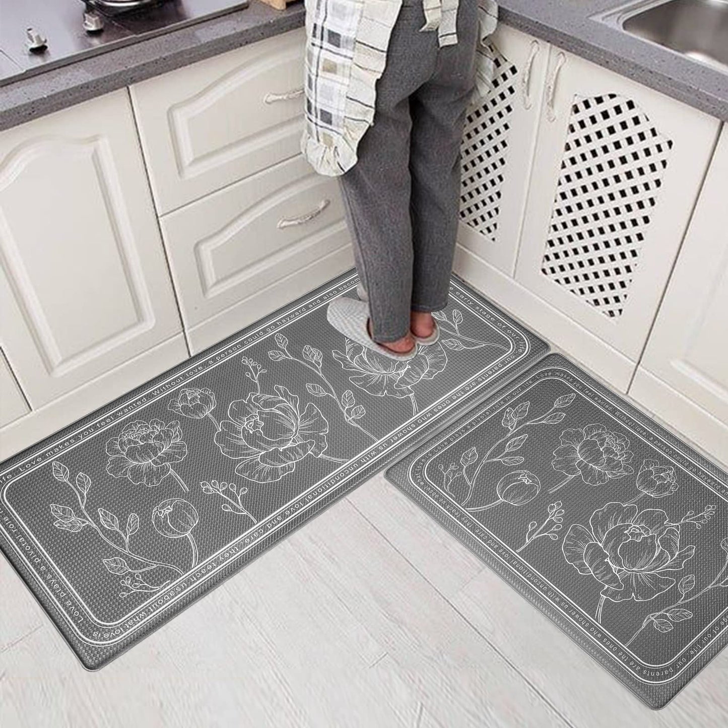 ROTTOGOON Kitchen Floor Mat Set of 2, Cushioned Anti Fatigue Kitchen Mat 17"x47"+17"x29", Non-Slip Waterproof Kitchen Rug, Premium PVC Comfort Kitchen Mats and Rugs for Kitchen, Office, Home, Laundry