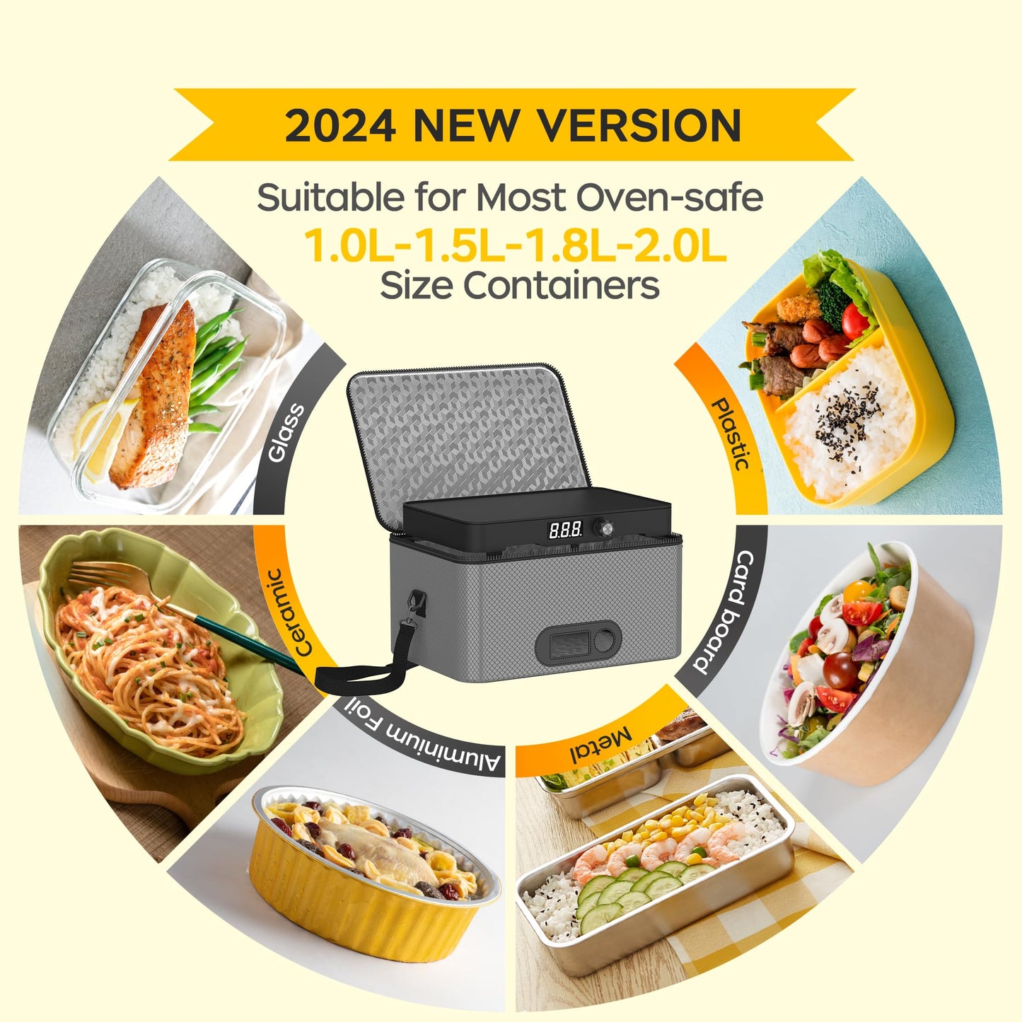 Portable Oven, 12V 24V 110V-240V Car Food Warmer Portable Personal Mini Oven Electric Heated Lunch Box for Meals Reheating & Raw Food Cooking for Road Trip/Camping/Picnic/Family Gathering(Black)