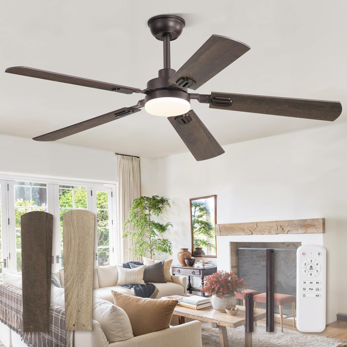 52" Ceiling Fans with Lights, Black Modern Ceiling Fan with Remote, Farmhouse Indoor Ceiling Fan with Dual Finish Blades, Quiet & Strong Motor, Bright LED Light.