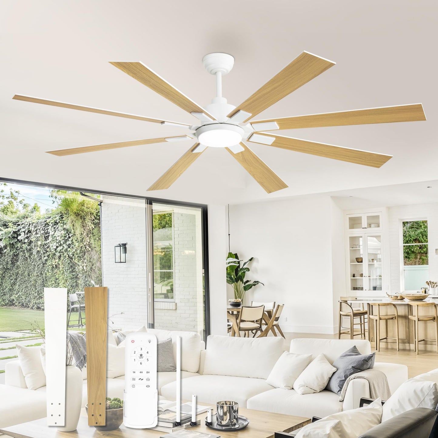 72 inch Large Ceiling Fans with Lights and Remote, Indoor/Outdoor Black Modern Ceiling Fan for Kitchen Living Room Patio, 6 Speed Reversible Quiet DC Motor, 3 CCT, Dual Finish 8 Blades