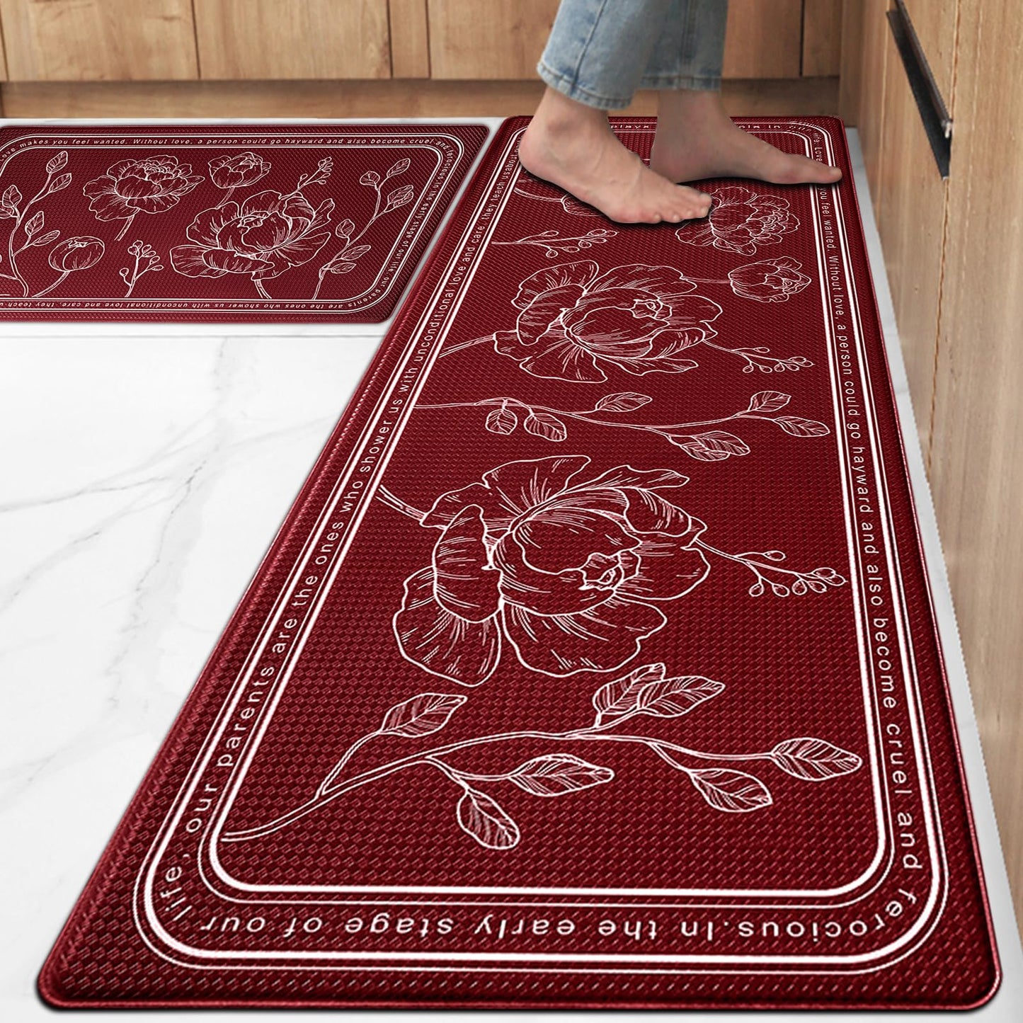 ROTTOGOON Kitchen Floor Mat Set of 2, Cushioned Anti Fatigue Kitchen Mat 17"x47"+17"x29", Non-Slip Waterproof Kitchen Rug, Premium PVC Comfort Kitchen Mats and Rugs for Kitchen, Office, Home, Laundry