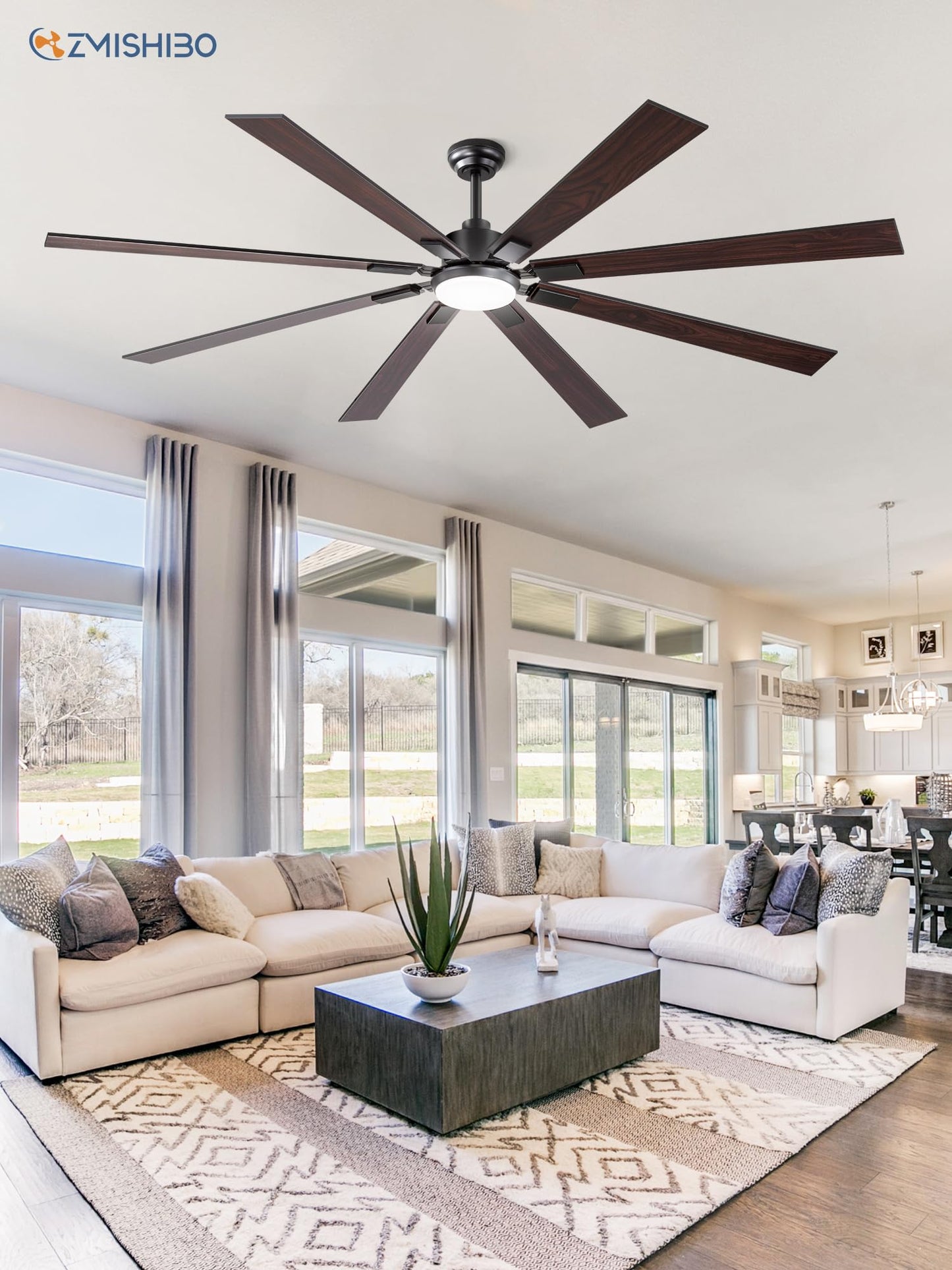 72 inch Large Ceiling Fans with Lights and Remote, Indoor/Outdoor Black Modern Ceiling Fan for Kitchen Living Room Patio, 6 Speed Reversible Quiet DC Motor, 3 CCT, Dual Finish 8 Blades