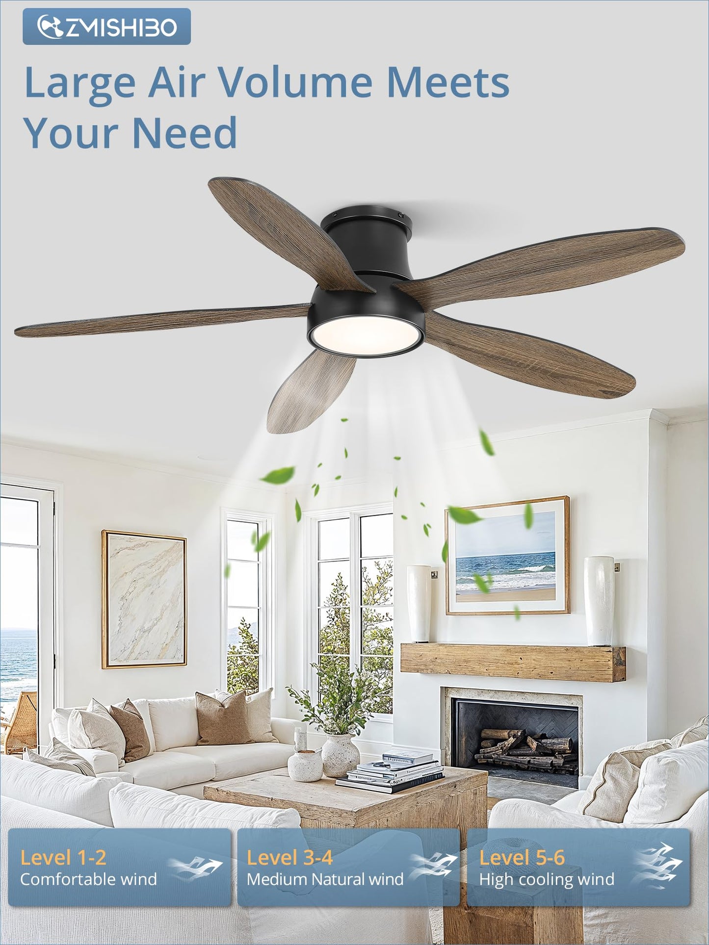 52 Inch Ceiling Fans with Lights, Flush Mount Low Profile Ceiling Fan with Remote, Reversible, 3CCT, Noiseless, LED Ceiling Fan Lighting Fixture for Bedroom, Kitchen, Indoor-Black