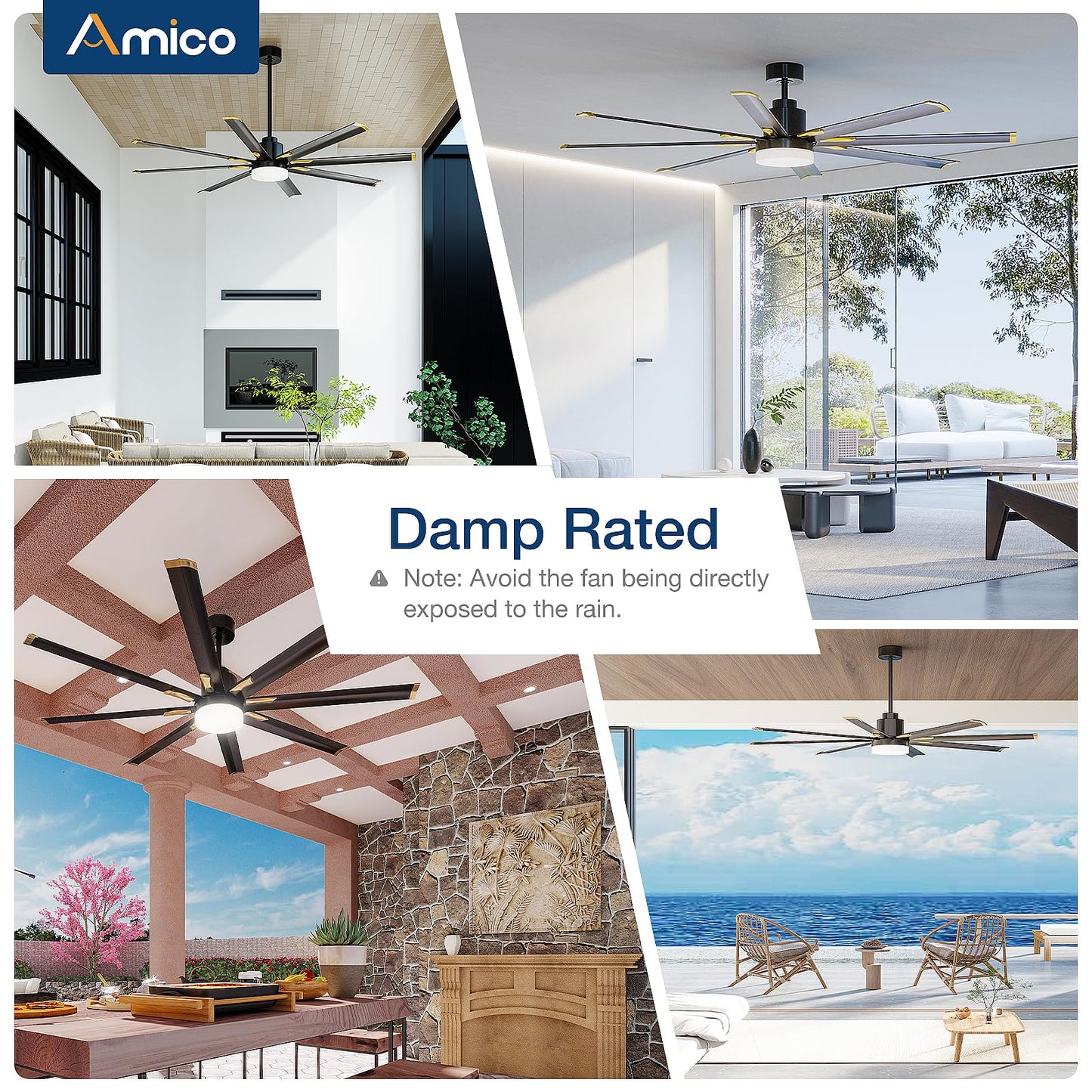 Amico 100 Inch Ceiling Fan with Light, Industrial Large Ceiling Fan with 8 Aluminum Reversible Blades, 6-Speed Remote Control, Quiet DC Motor, Indoor/Outdoor Ceiling Fan for Porch/Garage/Shop, Nickel