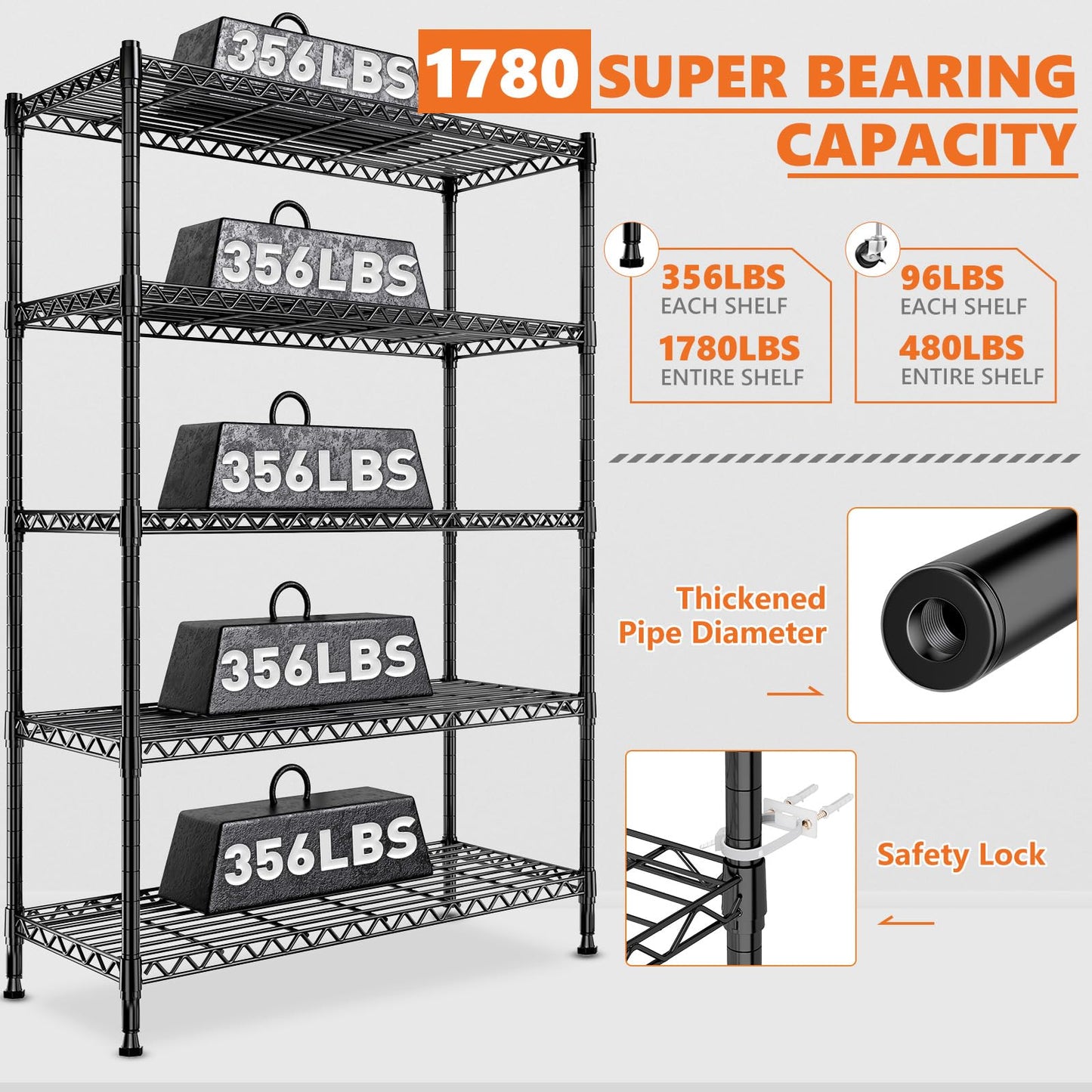 REIBII 5 Tier Wire Shelving,Storage Shelves Metal Shelves for Storage Loads 1200LBS,Adjustable Garage Shelving Heavy Duty Metal Shelving Storage Rack for Pantry Kitchen,71''HX35.5''WX14''D,Chrome