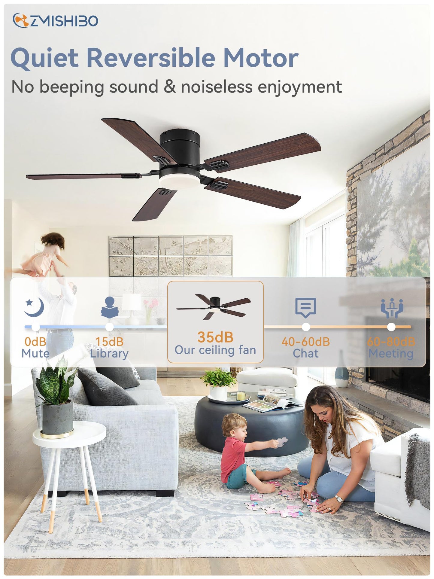 52 Inch Flush Mount Ceiling Fan, Black Low Profile Ceiling Fan with Light and Remote, Ceiling Fan with Tri-Color temperatures, Quiet&Strong DC Motor for Indoor, Bedroom, Kitchen, Living Room