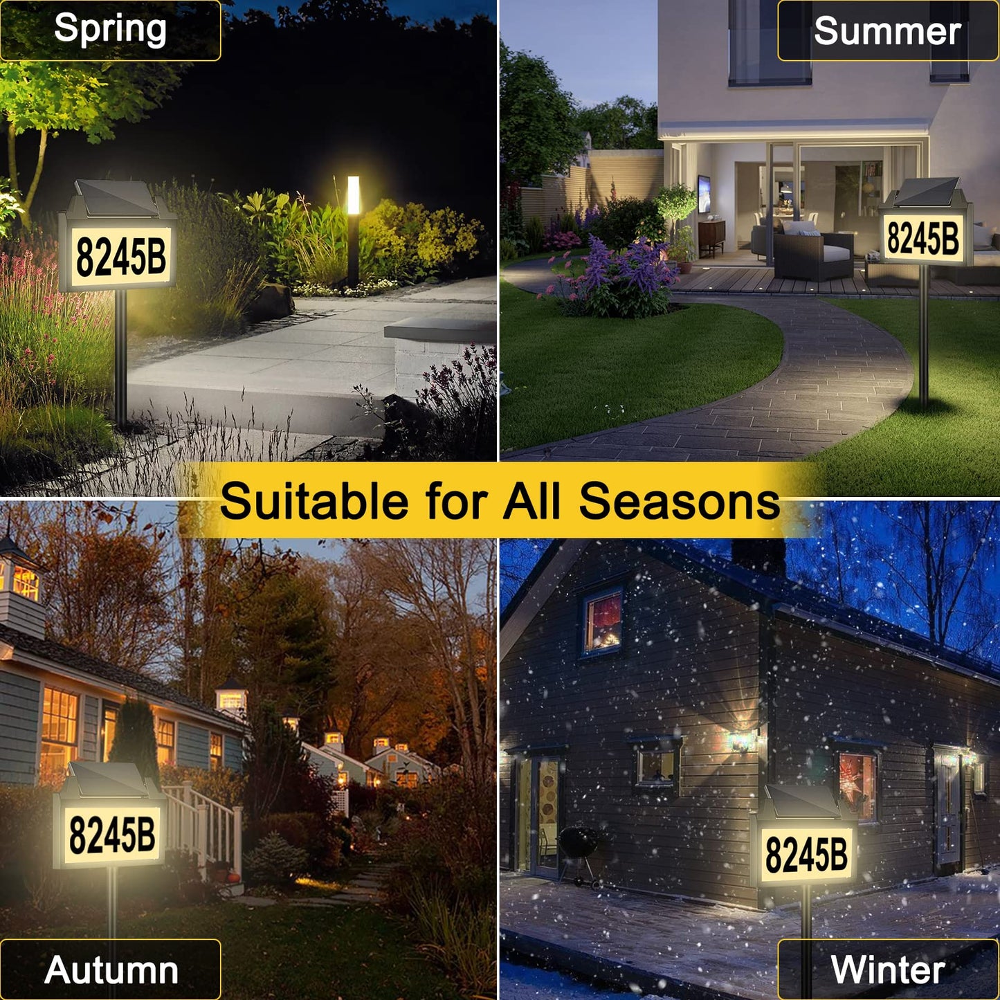 Solar Power Address Sign, House Numbers for Outside Rechargeable LED Illuminated Lighted Address Signs with Outdoor Waterproof, Address Plaque with 3 Color Temperature for Street Yard Home, Black