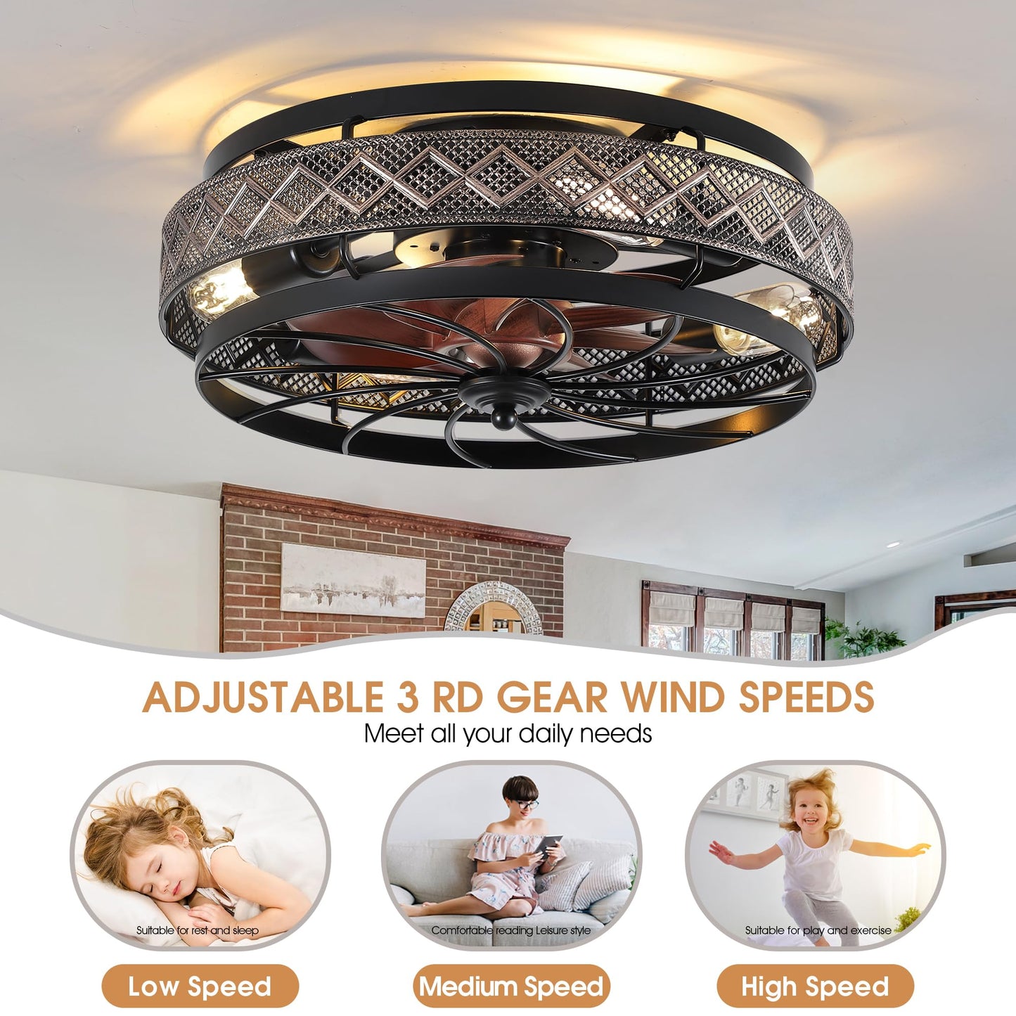 Low Profile Caged Ceiling Fans with Lights and Remote (Bulbs not Included)