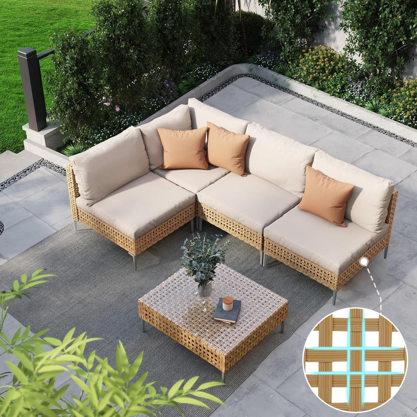 Grand patio 7-Piece Wicker Patio Furniture Set, Boho Outdoor Conversation Set Sectional Sofa with Water Resistant Thick Cushions and Coffee Table, Beige