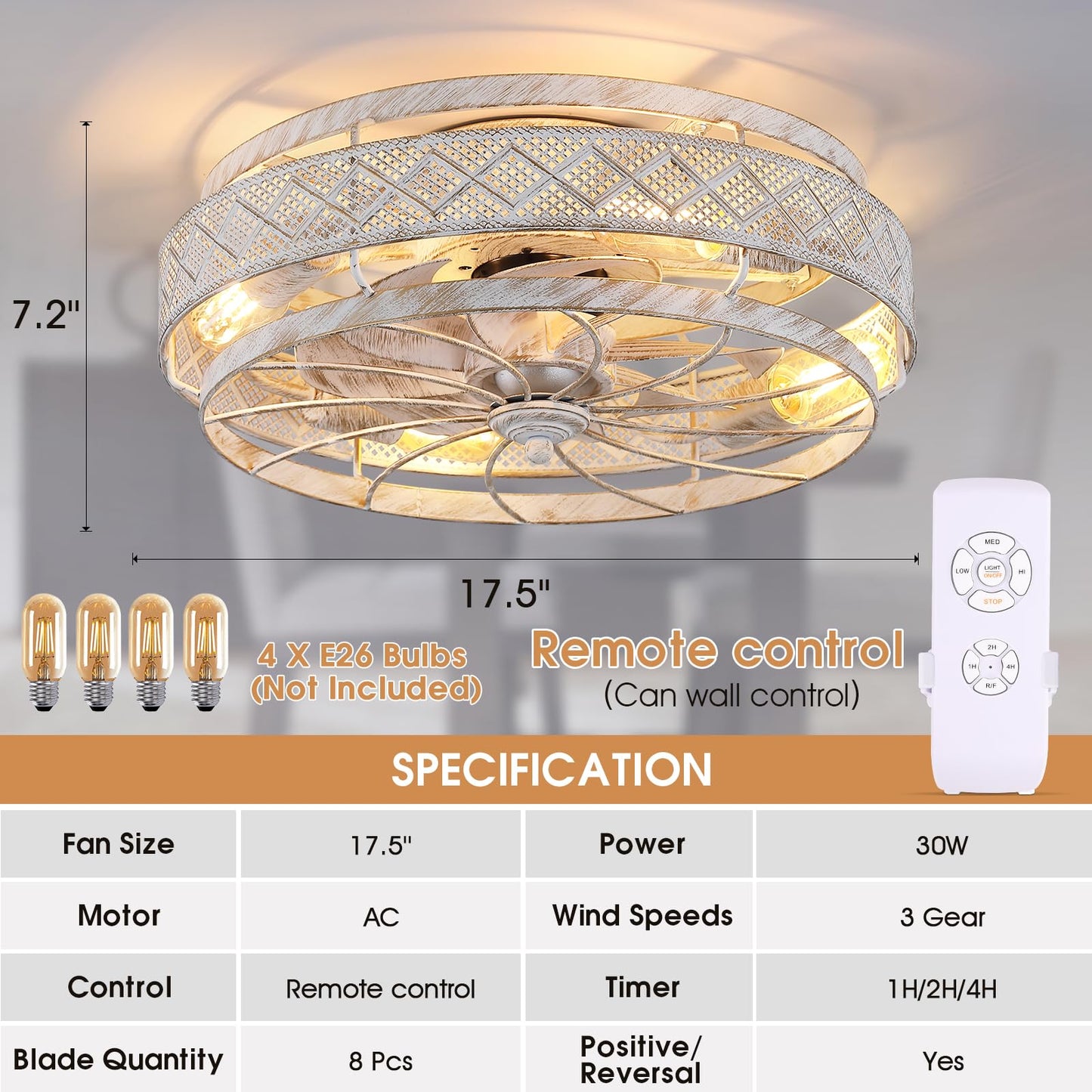 Low Profile Caged Ceiling Fans with Lights and Remote (Bulbs not Included)