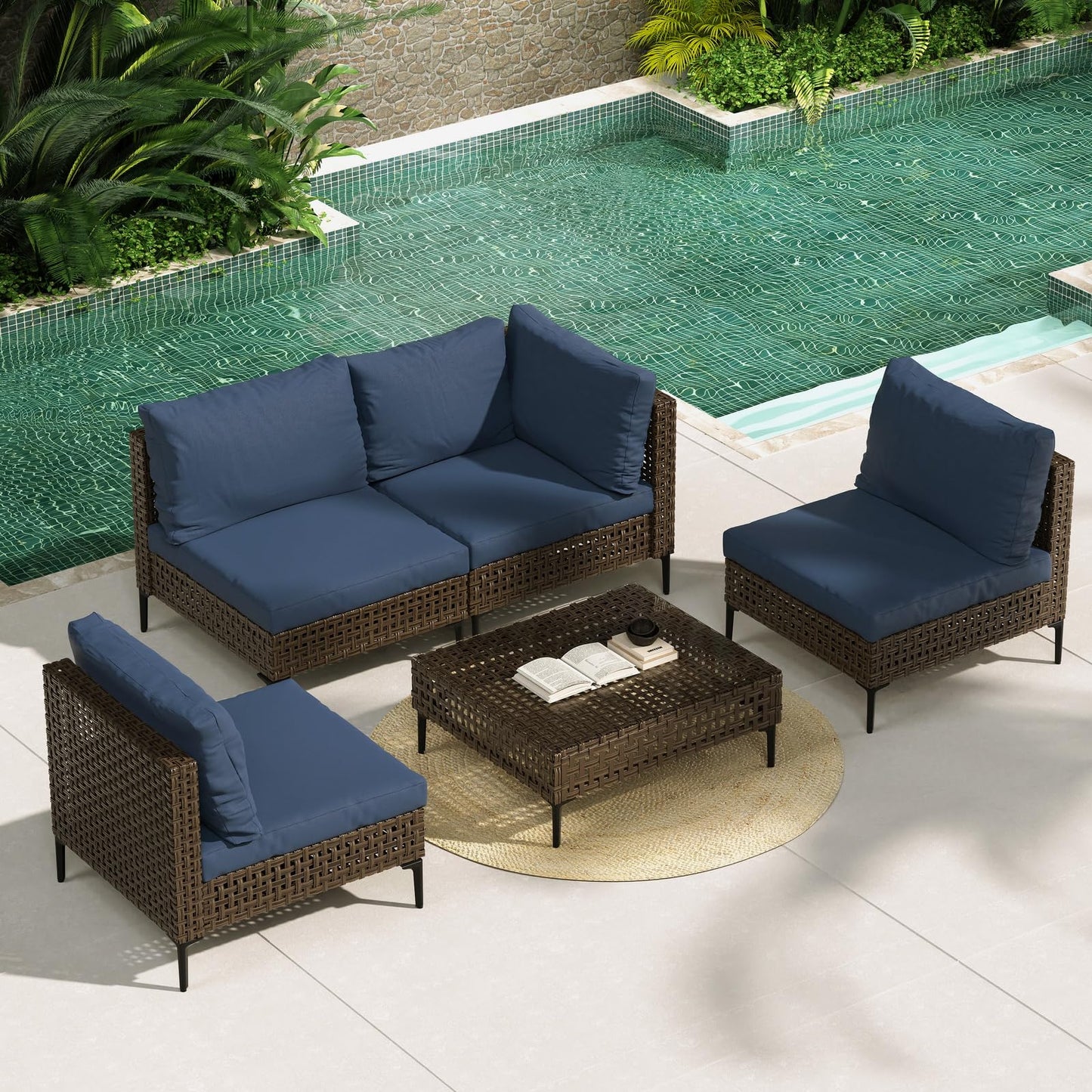 Grand patio 7-Piece Wicker Patio Furniture Set, Boho Outdoor Conversation Set Sectional Sofa with Water Resistant Thick Cushions and Coffee Table, Beige