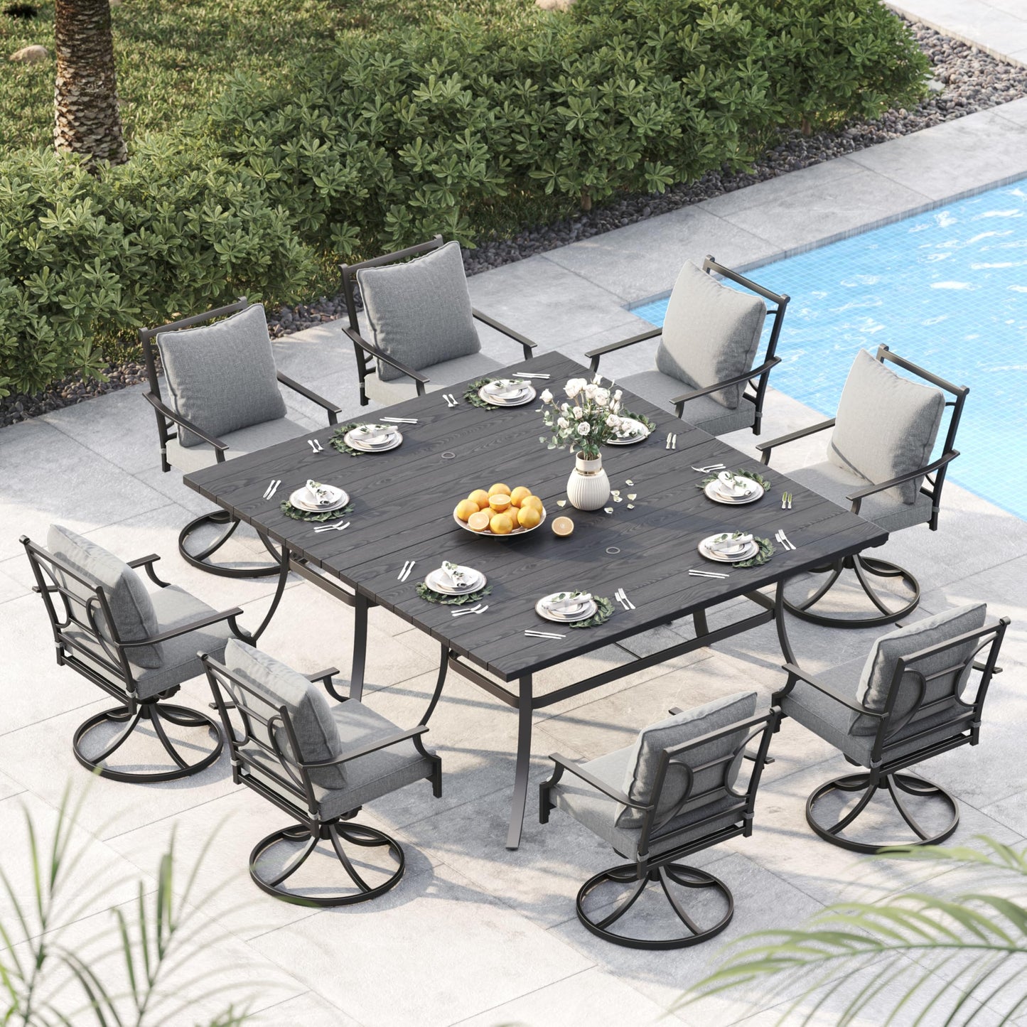 Grand patio 7-Piece Patio Dining Set for 6, E-Coated Outdoor Dining Set Swivel Patio Dining Chairs with Olefin Cushions & 1 Black Rectangular Faux Woodgrain Dining Table with 1.5”Market Umbrella Hole