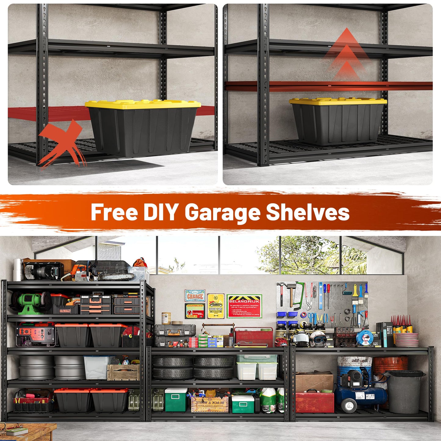 REIBII 48" W Garage Shelving 3000LBS Heavy Duty Storage Shelves, 5 Tier Adjustable Metal Shelves for Storage Rack Industrial Utility Shelf, Garage Storage Shelving Unit, 48" W x 24" D x 72" H