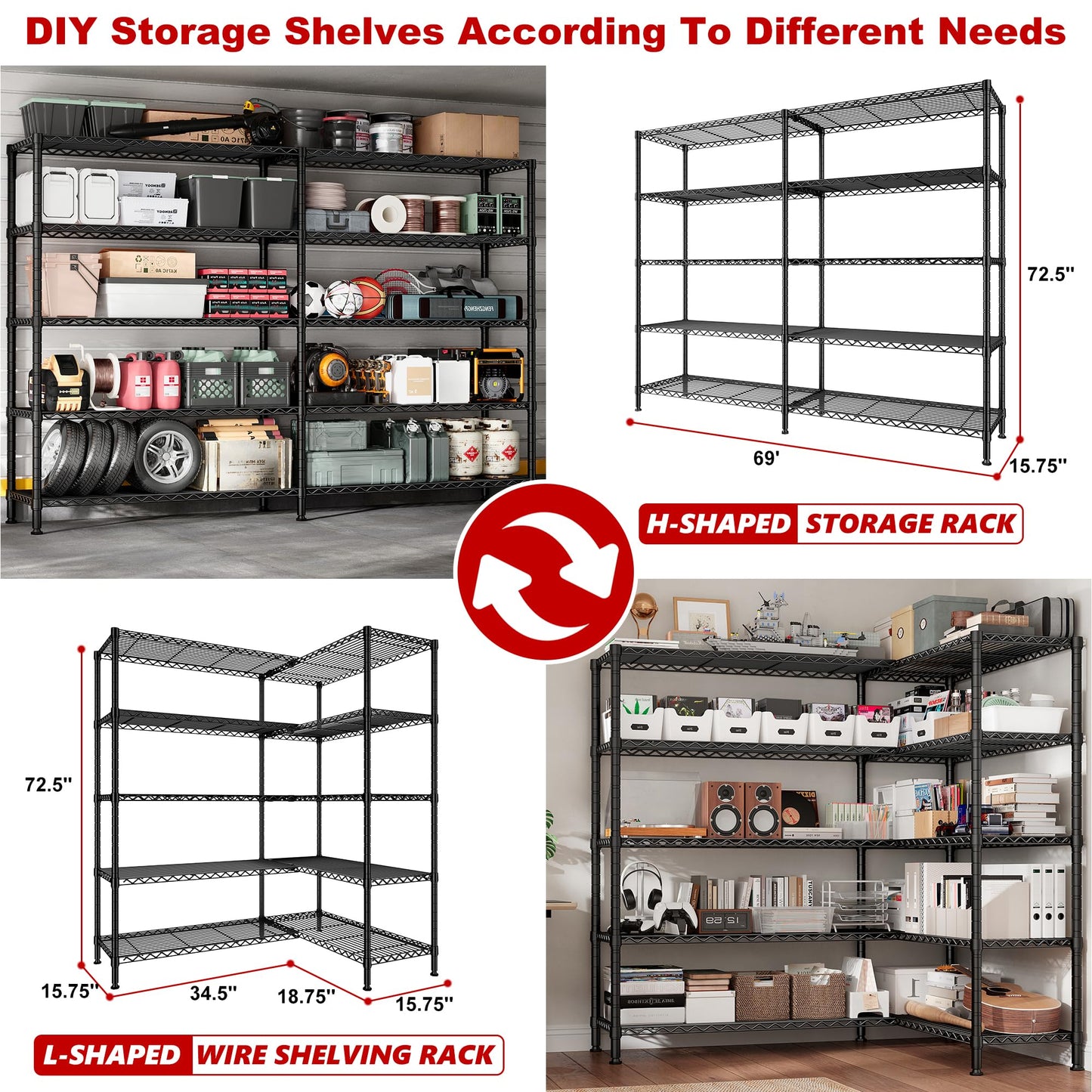 REIBII 69" W Storage Shelves Heavy Duty Load 1600LB,Garage Shelving 5-Tier Wire Shelving Unit Metal Shelves for Storage Adjustable Shelving Rack for Pantry Kitchen Bathroom 69" Wx15.75 Dx72.5 H