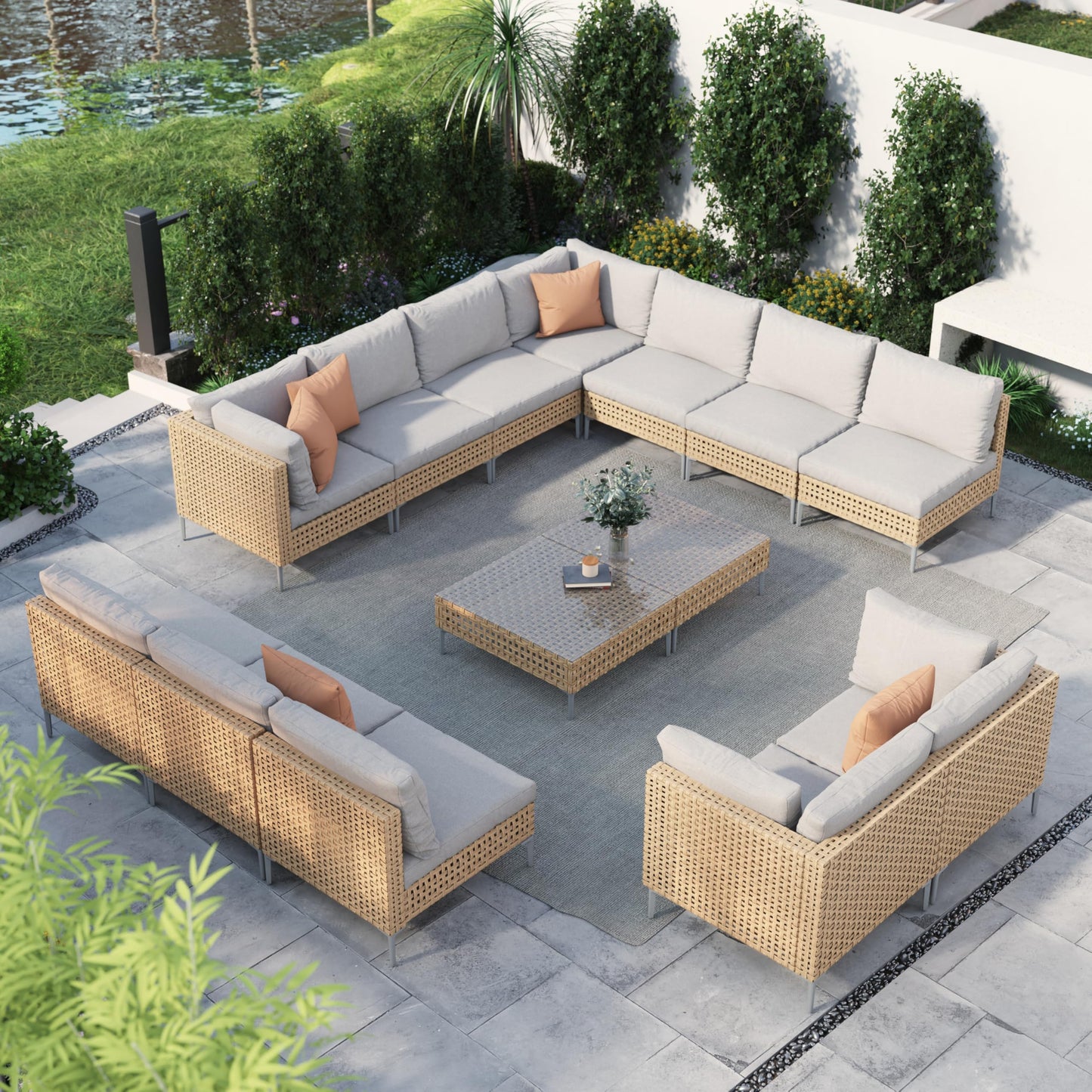 Grand patio 7-Piece Wicker Patio Furniture Set, Boho Outdoor Conversation Set Sectional Sofa with Water Resistant Thick Cushions and Coffee Table, Beige