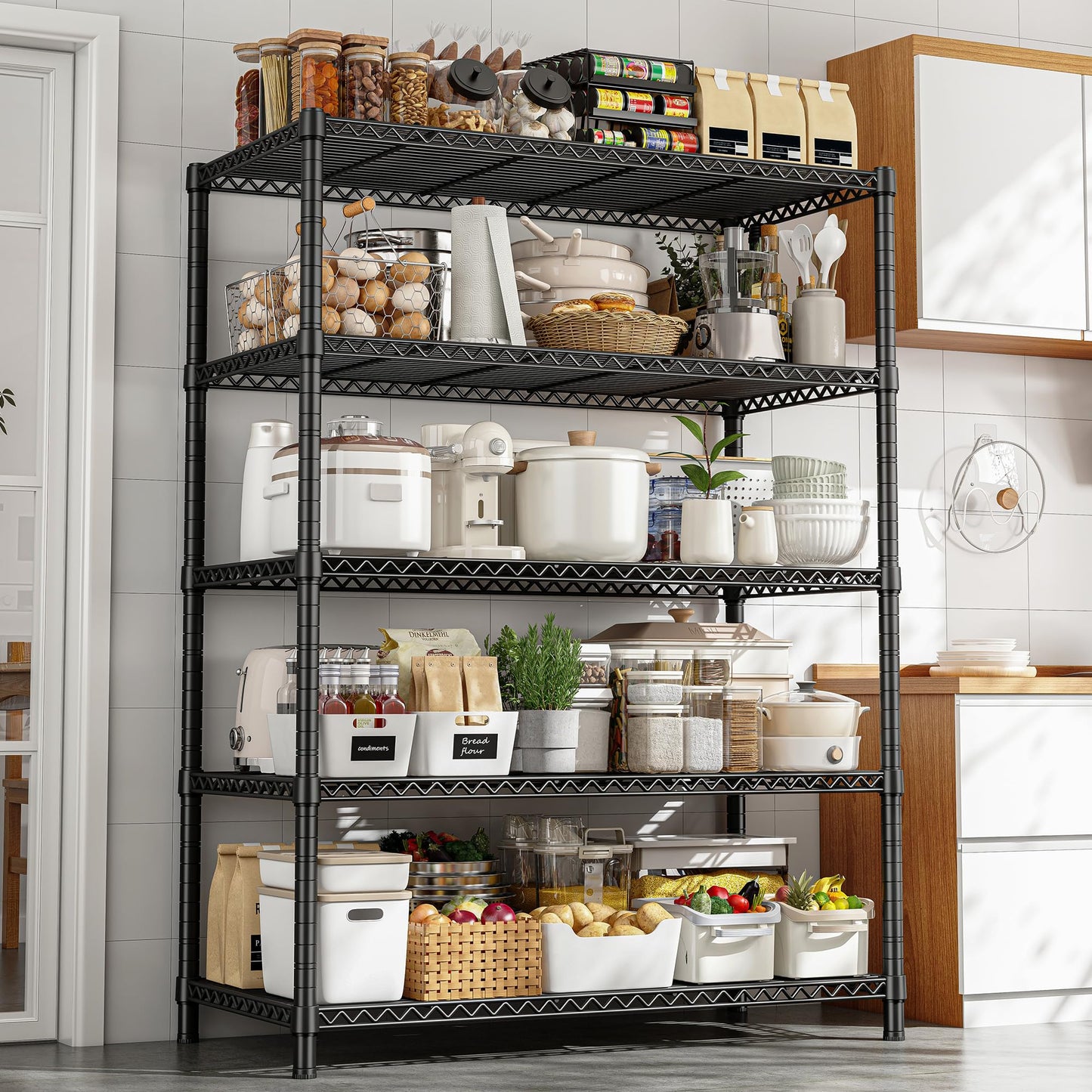 REIBII 5 Tier Wire Shelving,Storage Shelves Metal Shelves for Storage Loads 1200LBS,Adjustable Garage Shelving Heavy Duty Metal Shelving Storage Rack for Pantry Kitchen,71''HX35.5''WX14''D,Chrome