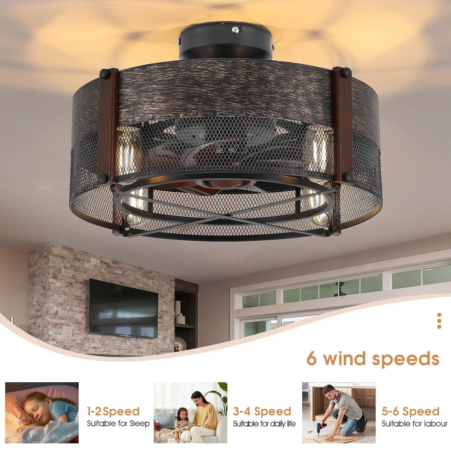 Low Profile Caged Ceiling Fans with Lights and Remote (Bulbs not Included)