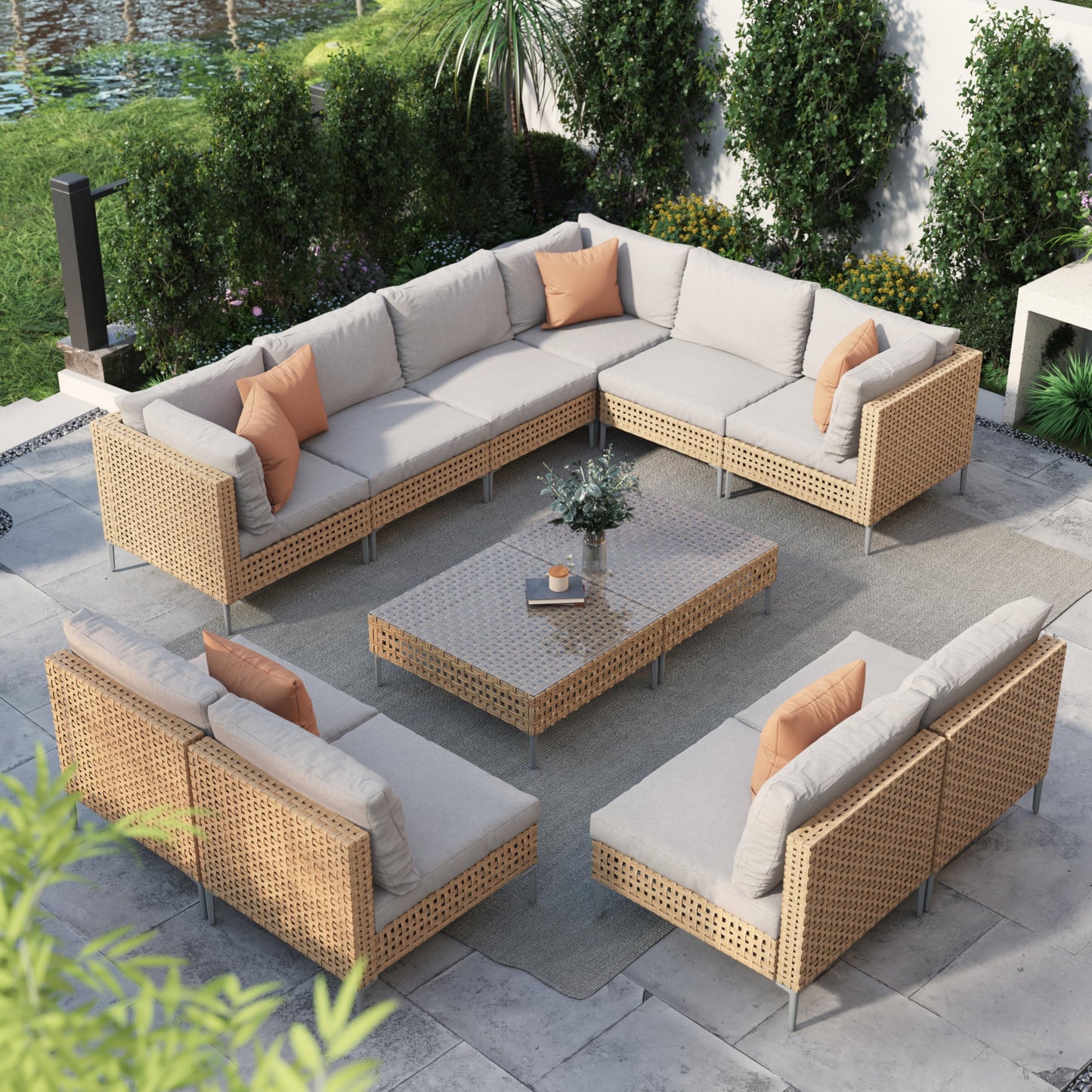 Grand patio 7-Piece Wicker Patio Furniture Set, Boho Outdoor Conversation Set Sectional Sofa with Water Resistant Thick Cushions and Coffee Table, Beige