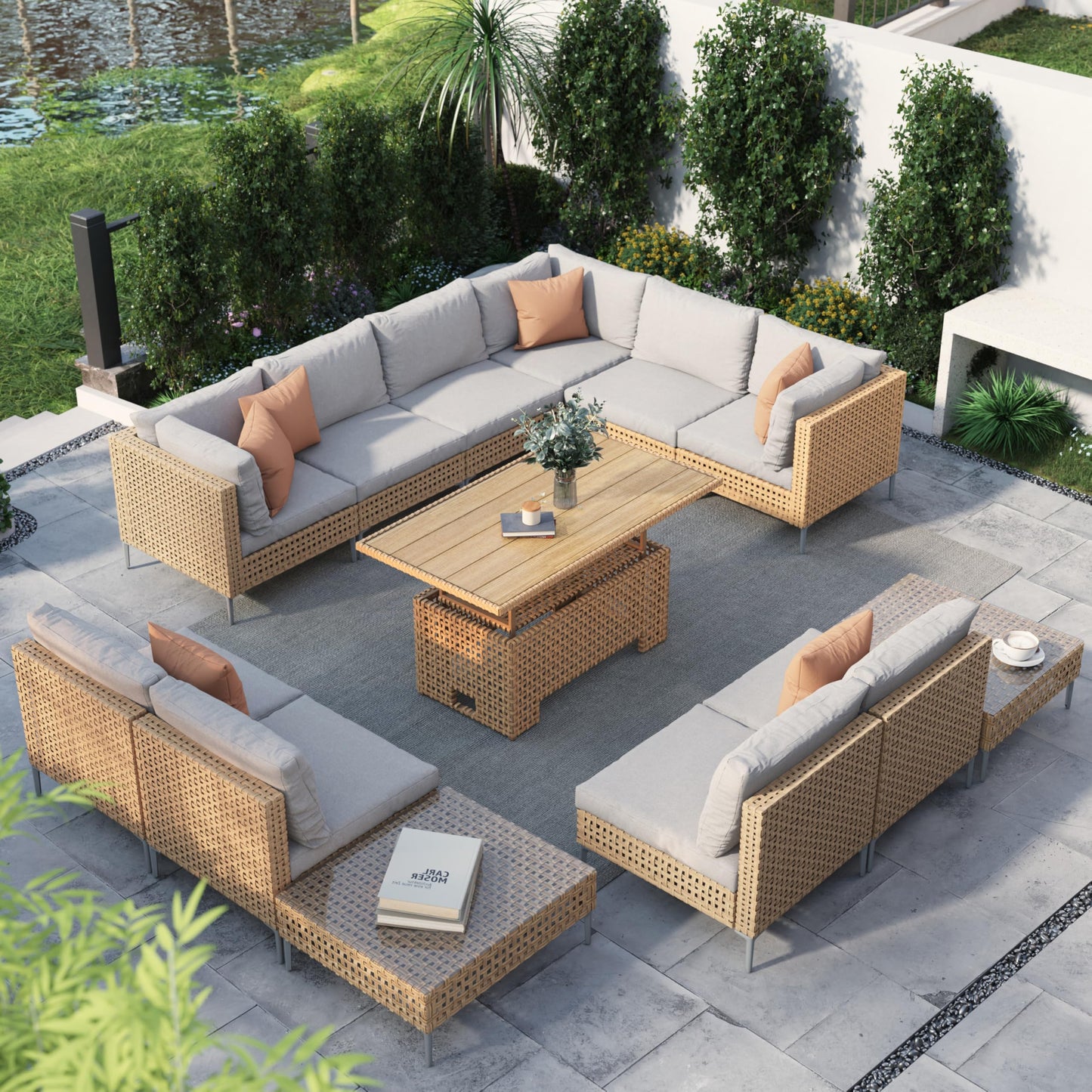 Grand patio 7-Piece Wicker Patio Furniture Set, Boho Outdoor Conversation Set Sectional Sofa with Water Resistant Thick Cushions and Coffee Table, Beige