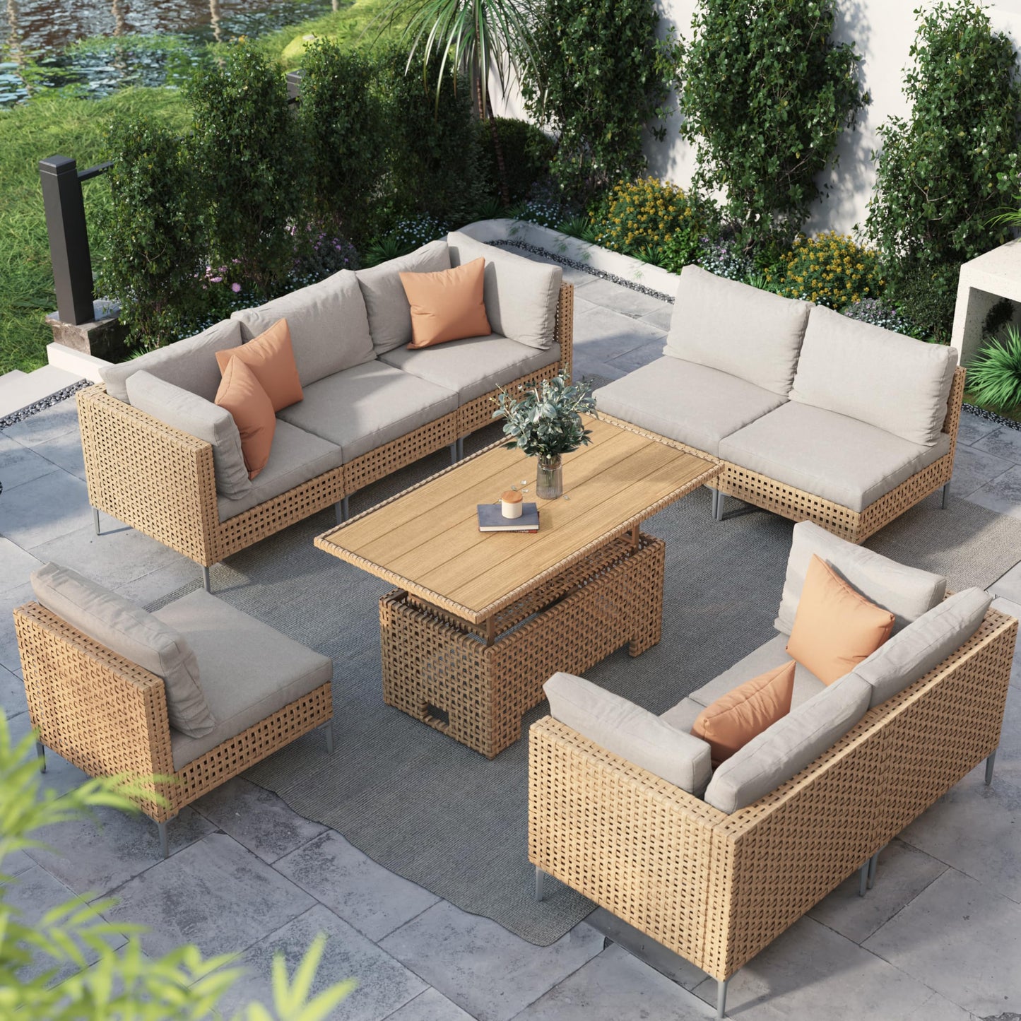 Grand patio 7-Piece Wicker Patio Furniture Set, Boho Outdoor Conversation Set Sectional Sofa with Water Resistant Thick Cushions and Coffee Table, Beige