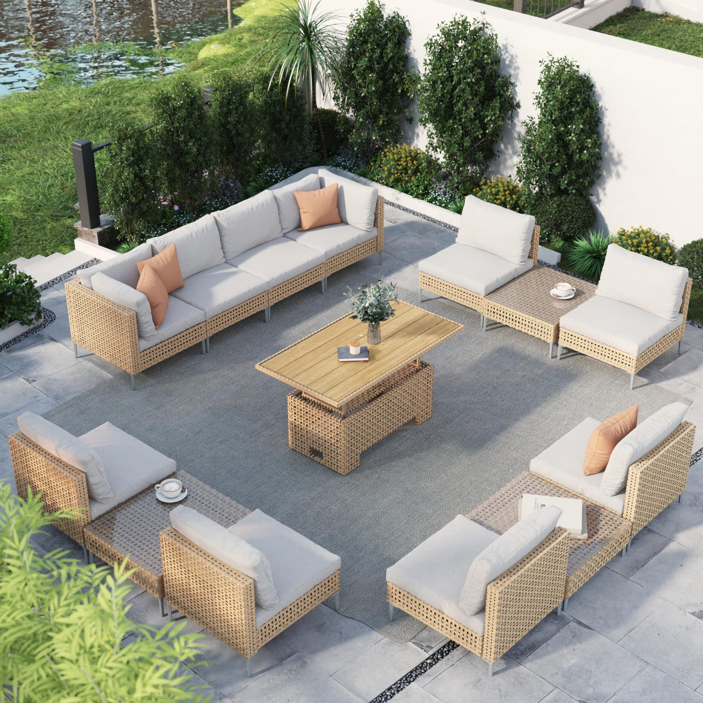 Grand patio 7-Piece Wicker Patio Furniture Set, Boho Outdoor Conversation Set Sectional Sofa with Water Resistant Thick Cushions and Coffee Table, Beige